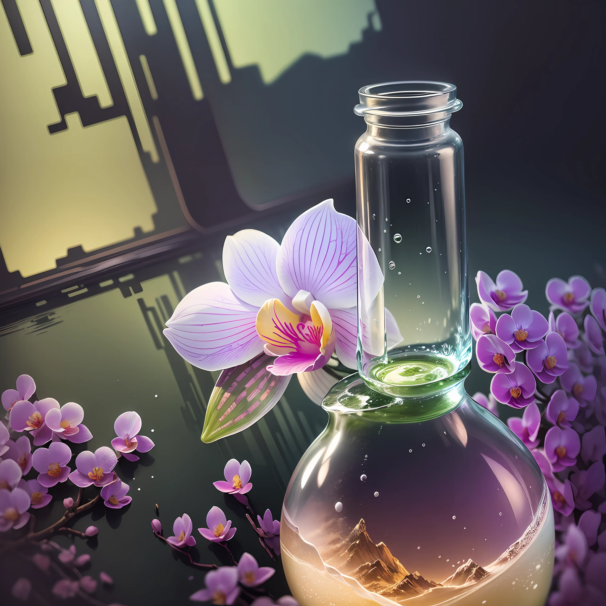 Computer Visualized Graphics, Realistic Fantasy, Extensive Landscape Ultrasound Photography (General View Showing Glass, Bottle, Inside, Orchid White and Pink, Water, Ice, Dew), Blurred Background, Gloomy, Yellow, Purple Background, Pink, Warm, Magic