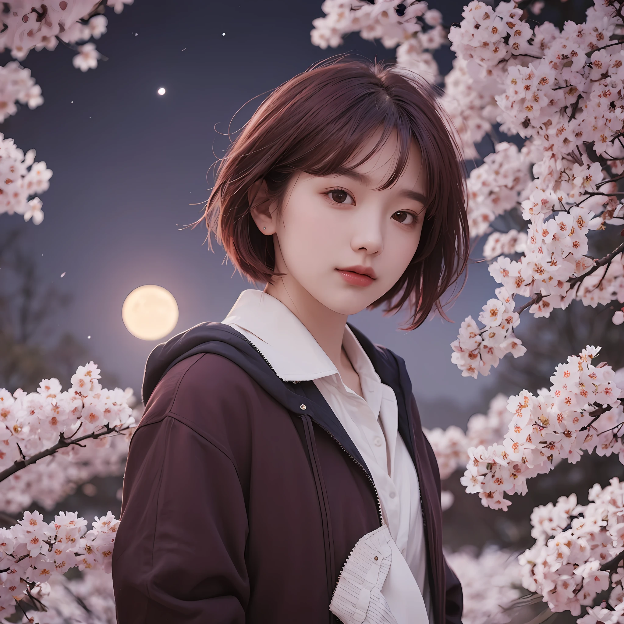 (Photorealistic: 2.0) (RAW Photo: 2.0), Best Quality, Masterpiece, Depth of Field, Photo, Round Face, Hair Color: Burgundy, Short Hair, Cherry Blossom, Moon, Underwear, Low Angle, Nature Background, Night Sky --auto --s2