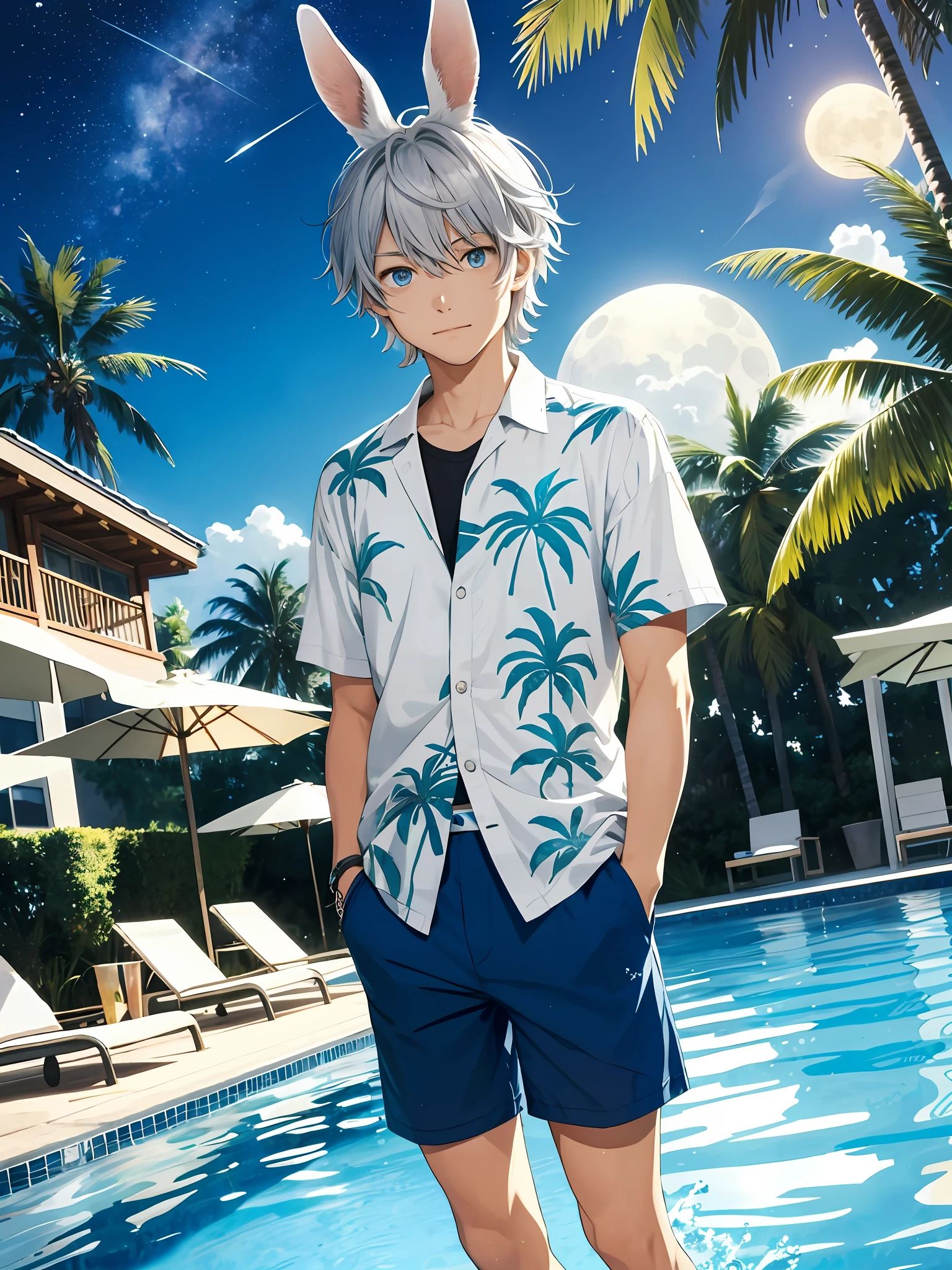 illustration style, cute boy, silver-haired blue-eyed rabbit ears, solo, rabbit ears, rabbit ears, sunny moonlit night, leisurely, sunny night sky, pool relaxation, gaming pool, inflatable float, carefree atmosphere, refreshing water, friendly, half pants, aloha shirt, open shirt, boy's body, refreshing water, gentle ripples, comfortable relaxation, , tropical palm trees, Night sky, lazy night, quiet oasis