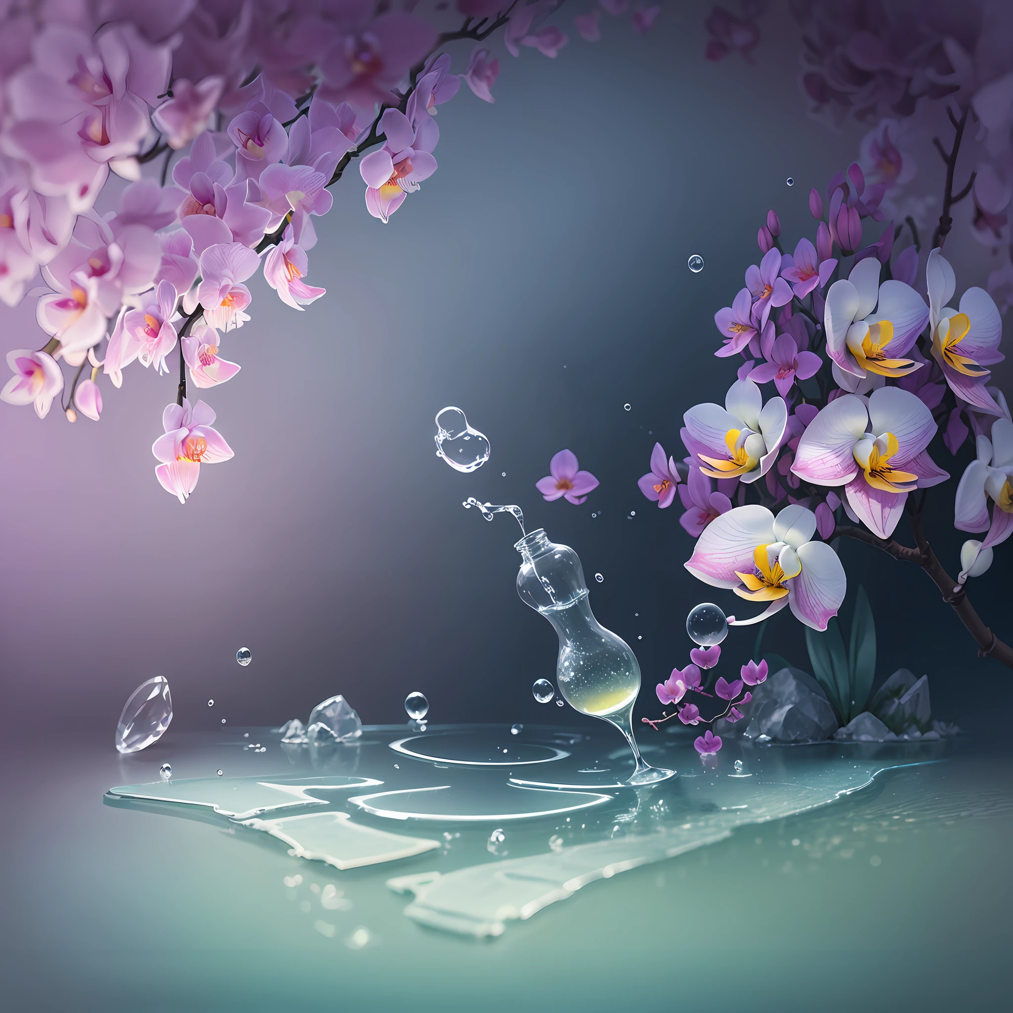 Computer Visualized Graphics, Realistic Fantasy, Extensive Landscape Ultrasound Photography (General View Showing Glass, Bottle, Inside, Orchid White and Pink, Water, Ice, Dew), Blurred Background, Gloomy, Yellow, Purple Background, Pink, Warm, Magic