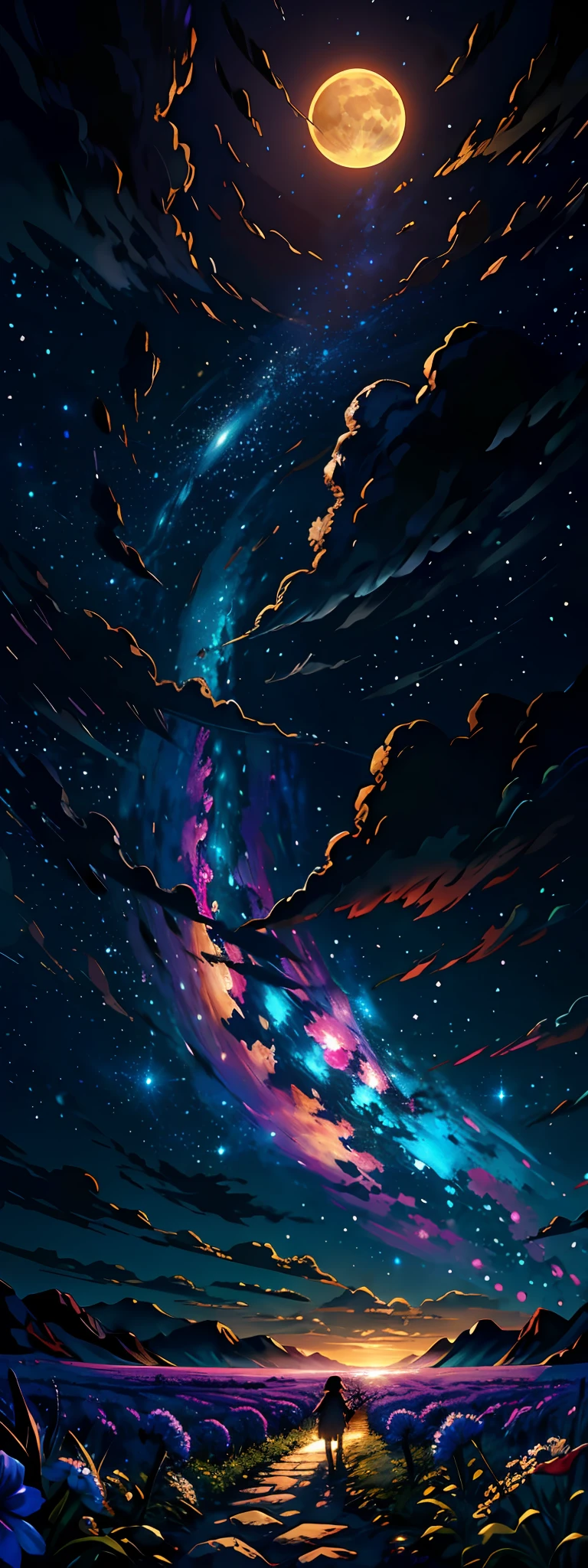 Expansive landscape photograph, (view from below with a view of the sky and the wilderness below), girl standing in a flower field looking up, (full moon: 1.2), (shooting star: 0.9), (nebula: 1.3), distant mountain, tree break production art, (warm light source: 1.2), (firefly: 1.2), lamp, purple and orange, intricate detail, volume lighting BREAK (masterpiece: 1.2), (highest quality ), 4k, ultra-detailed, (dynamic configuration: 1.4), highly detailed and colorful details (iridescent: 1.2), (sparkling lighting, atmospheric lighting), dreamy, magical, (solo: 1.2)