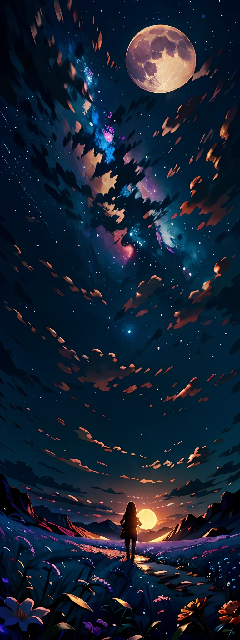 Expansive landscape photograph, (view from below with a view of the sky and the wilderness below), little girl standing in a flower field looking up, (full moon: 1.2), (shooting star: 0.9), (nebula: 1.3), distant mountain, tree break production art, (warm light source: 1.2), (firefly: 1.2), lamp, purple and orange, intricate detail, volume lighting BREAK (masterpiece: 1.2), (highest quality ), 4k, ultra-detailed, (dynamic configuration: 1.4), highly detailed and colorful details (iridescent: 1.2), (sparkling lighting, atmospheric lighting), dreamy, magical, (solo: 1.2)