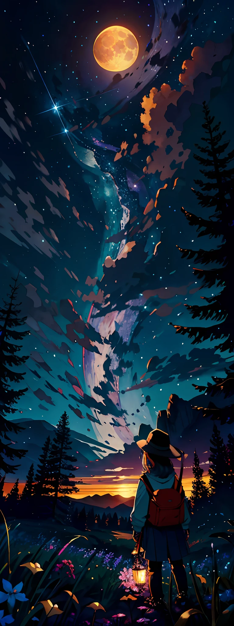 Expansive landscape photograph, (view from below with a view of the sky and the wilderness below), little girl standing in a flower field looking up, (full moon: 1.2), (shooting star: 0.9), (nebula: 1.3), distant mountain, tree break production art, (warm light source: 1.2), (firefly: 1.2), lamp, purple and orange, intricate detail, volume lighting BREAK (masterpiece: 1.2), (highest quality ), 4k, ultra-detailed, (dynamic configuration: 1.4), highly detailed and colorful details (iridescent: 1.2), (sparkling lighting, atmospheric lighting), dreamy, magical, (solo: 1.2)
