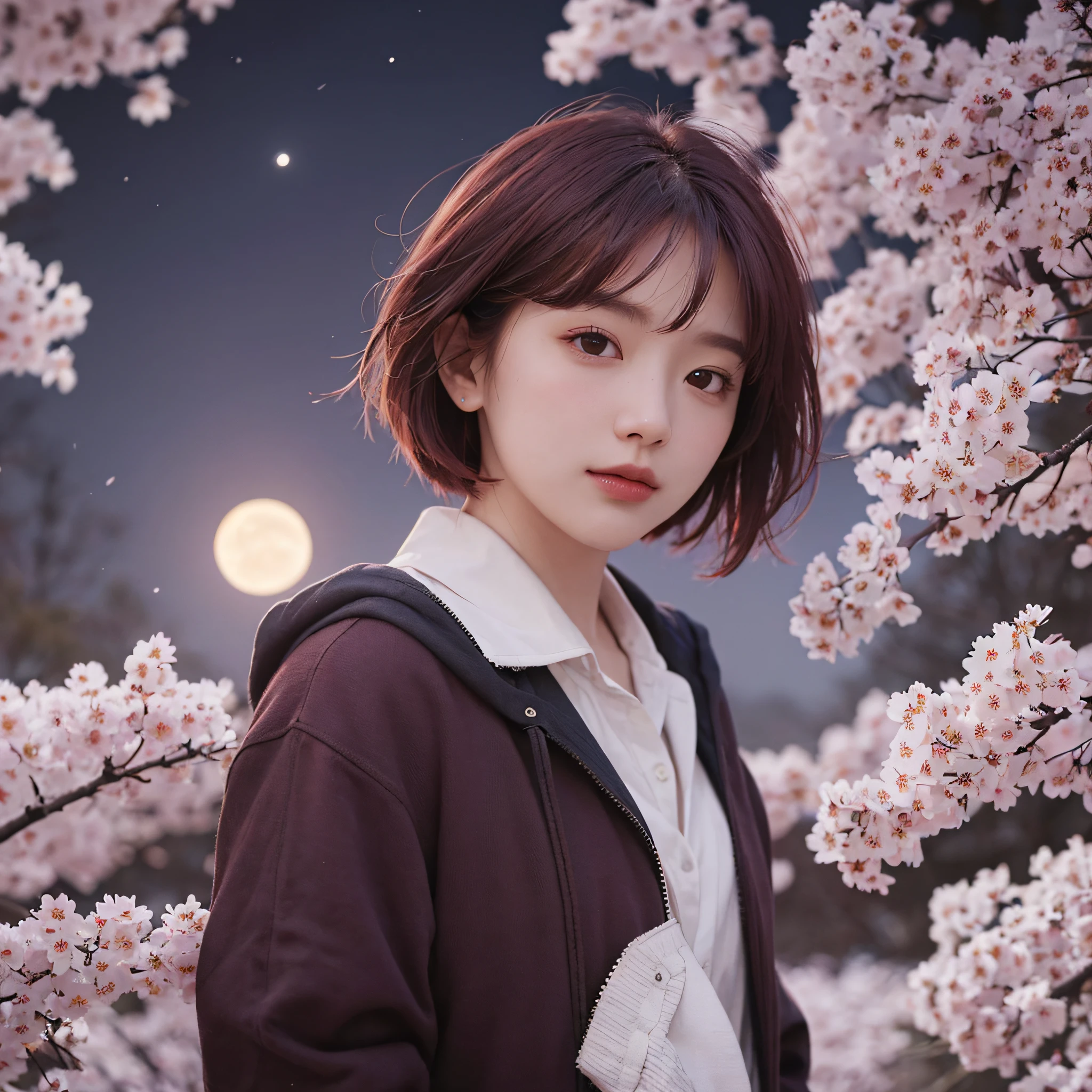 (Photorealistic: 2.0) (RAW Photo: 2.0), Best Quality, Masterpiece, Depth of Field, Photo, Round Face, Hair Color: Burgundy, Short Hair, Cherry Blossom, Moon, Underwear, Low Angle, Nature Background, Night Sky --auto --s2
