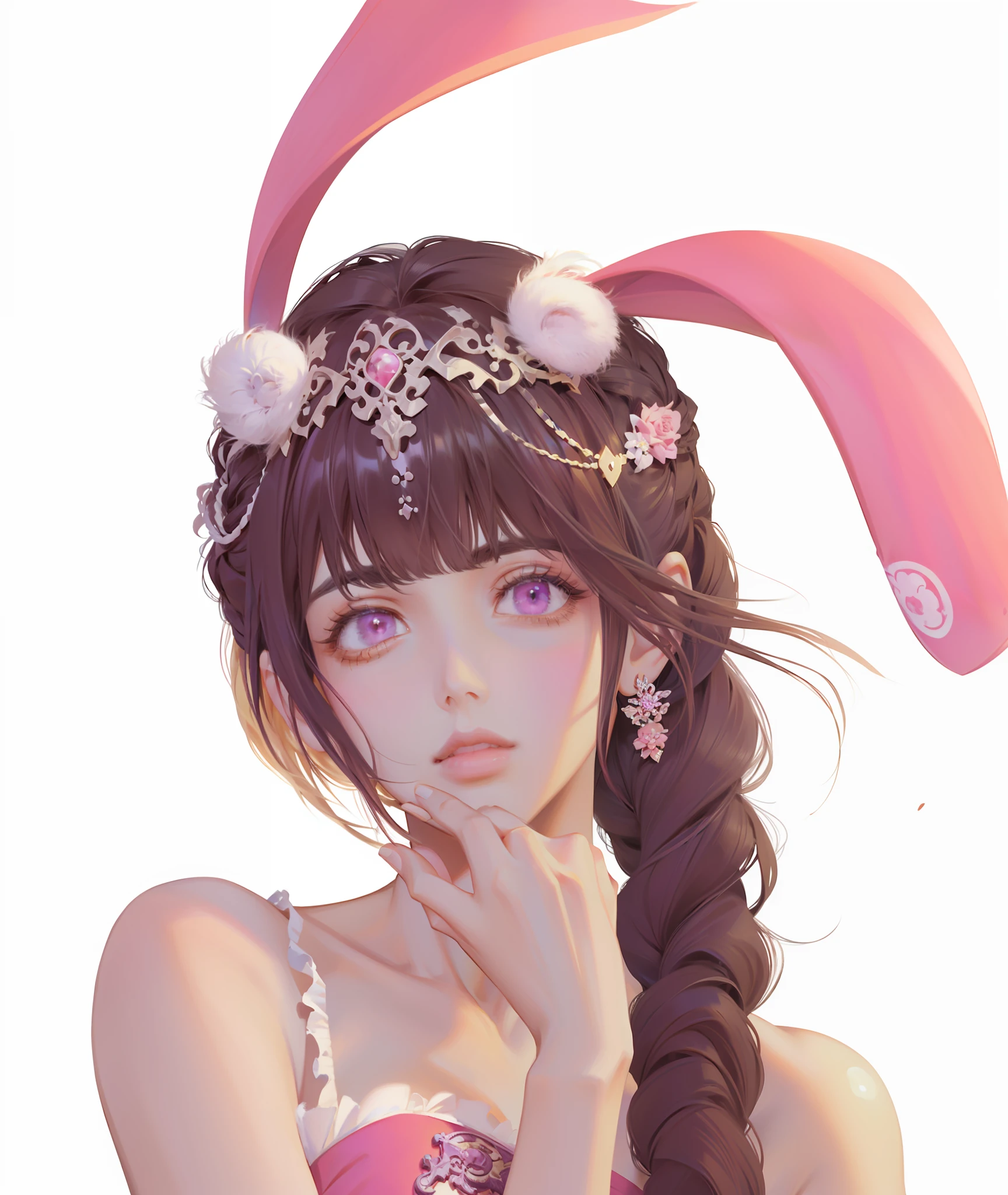 (Masterpiece, Top Quality, Best Quality, Official Art, Beauty and Aesthetics: 1.2), Very Detailed, Perfect Figure, Colorful, Most Detailed, Long Eyelashes, Pink Eyes, Rabbit Ear Hair Ornament, Twisted Braids, Bright Eyes, Dreamy, Natural Light