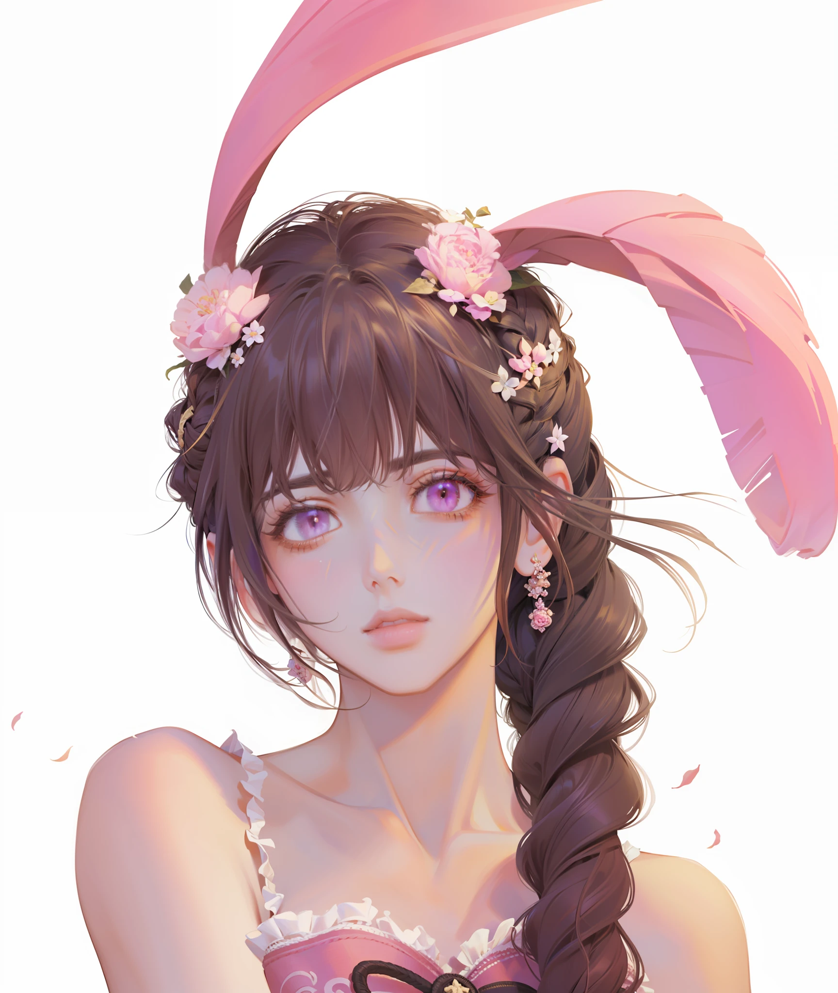 (Masterpiece, Top Quality, Best Quality, Official Art, Beauty and Aesthetics: 1.2), Very Detailed, Perfect Figure, Colorful, Most Detailed, Long Eyelashes, Pink Eyes, Rabbit Ear Hair Ornament, Twisted Braids, Bright Eyes, Dreamy, Natural Light
