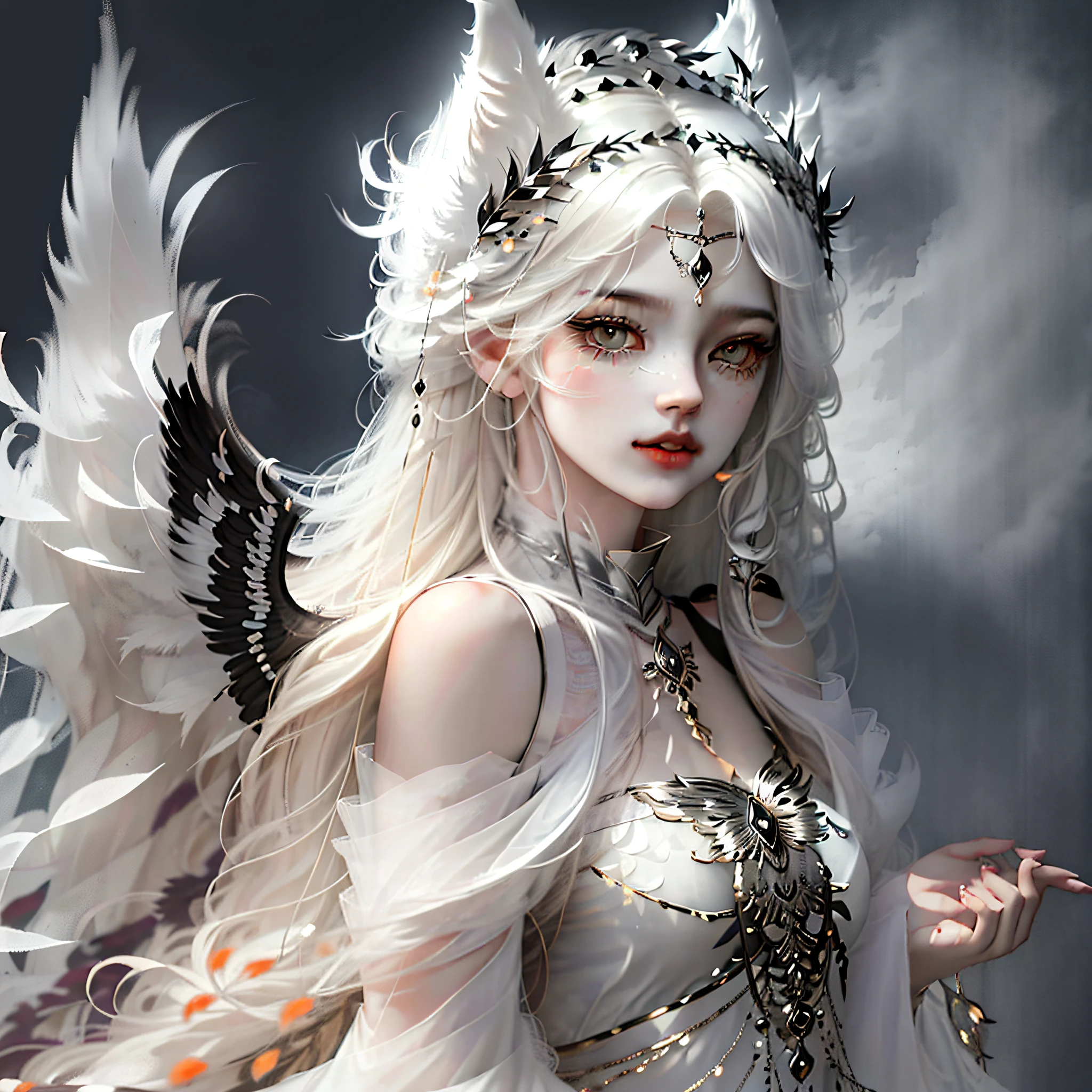 Best quality, twins, super beautiful girl, beautiful long hair, black and white wings, white wolf ears, feather headdress, gentle and temperamental, indifferent eyes, apricot eyes, long eyelashes, hazy background