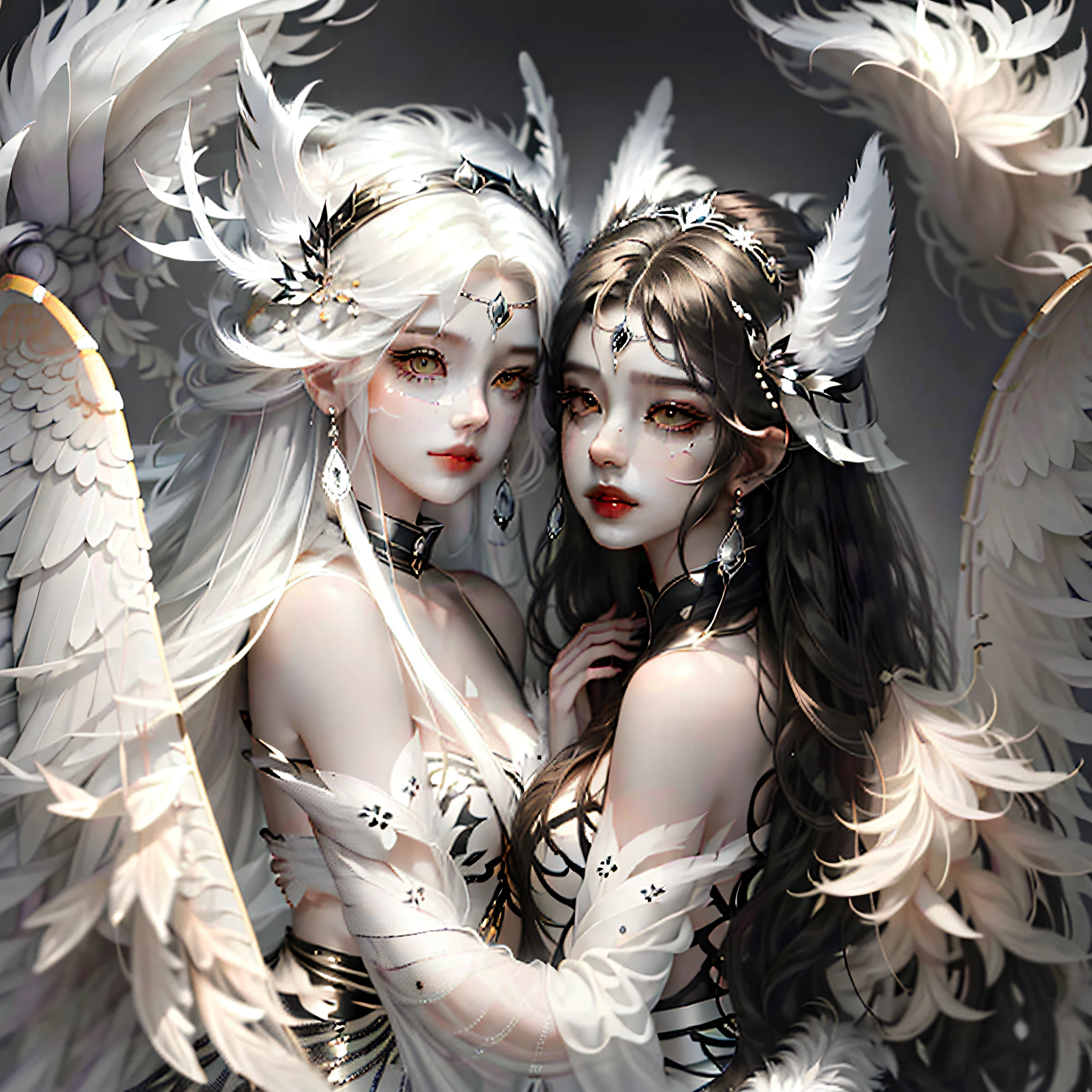 Best quality, twins, super beautiful girl, beautiful long hair, black and white wings, white wolf ears, feather headdress, gentle and temperamental, indifferent eyes, apricot eyes, long eyelashes, hazy background