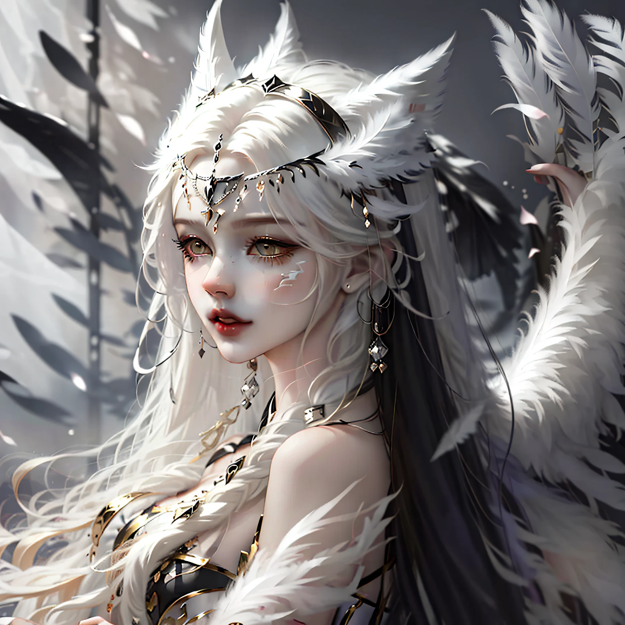 Best quality, twins, super beautiful girl, beautiful long hair, black and white wings, white wolf ears, feather headdress, gentle and temperamental, indifferent eyes, apricot eyes, long eyelashes, hazy background