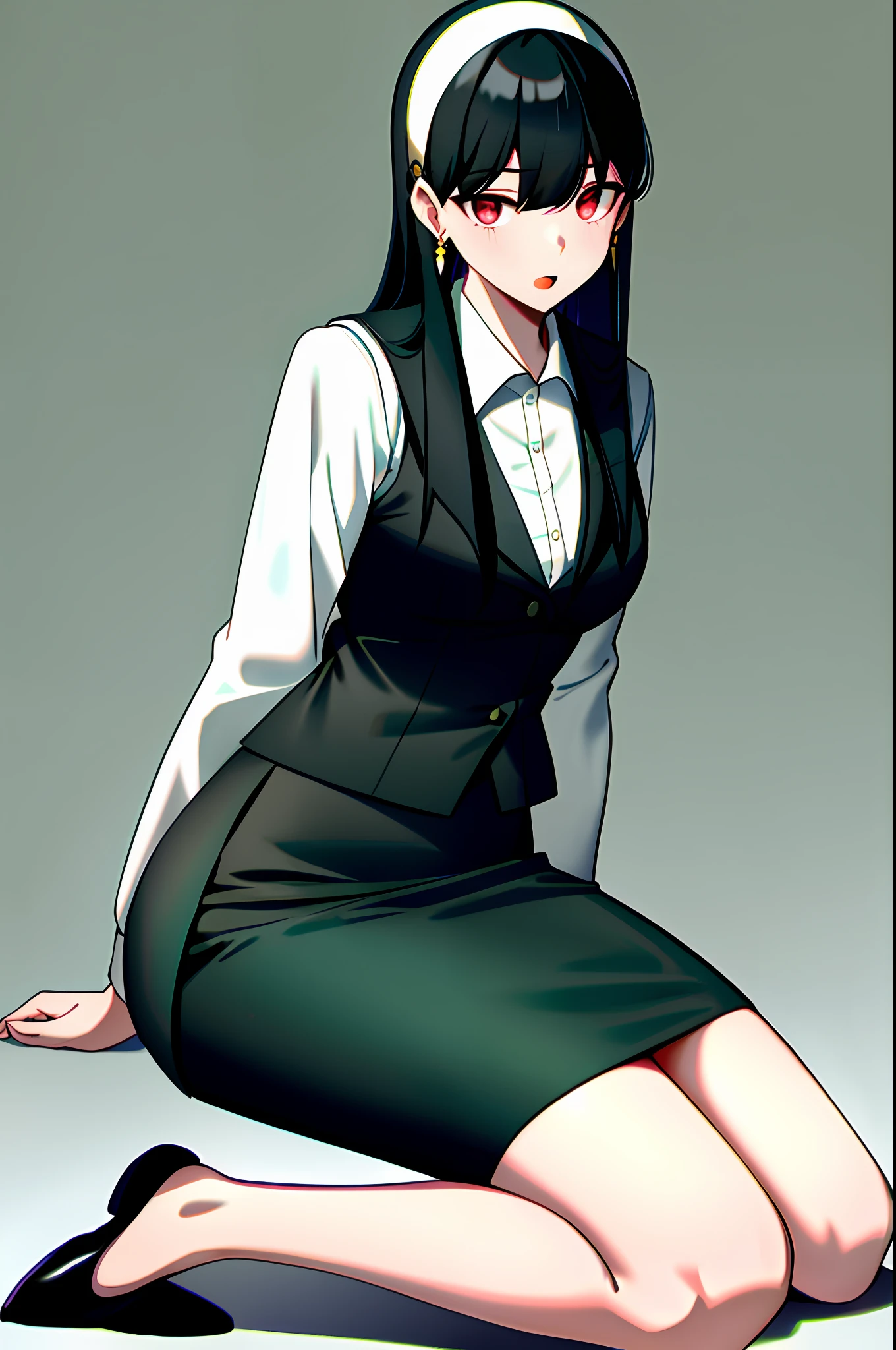 yor briar,
1girl, bangs, bare legs, black footwear, black hair, dress shirt, earrings, flats, full body, green skirt, green vest, hairband, jewelry, kneeling, long hair, long sleeves, looking at viewer, miniskirt, office lady, open mouth, pencil skirt, red eyes, seiza, shadow, shirt, sidelocks, simple background, sitting, skirt, solo, vest, white background, white hairband, white shirt
, ((masterpiece))