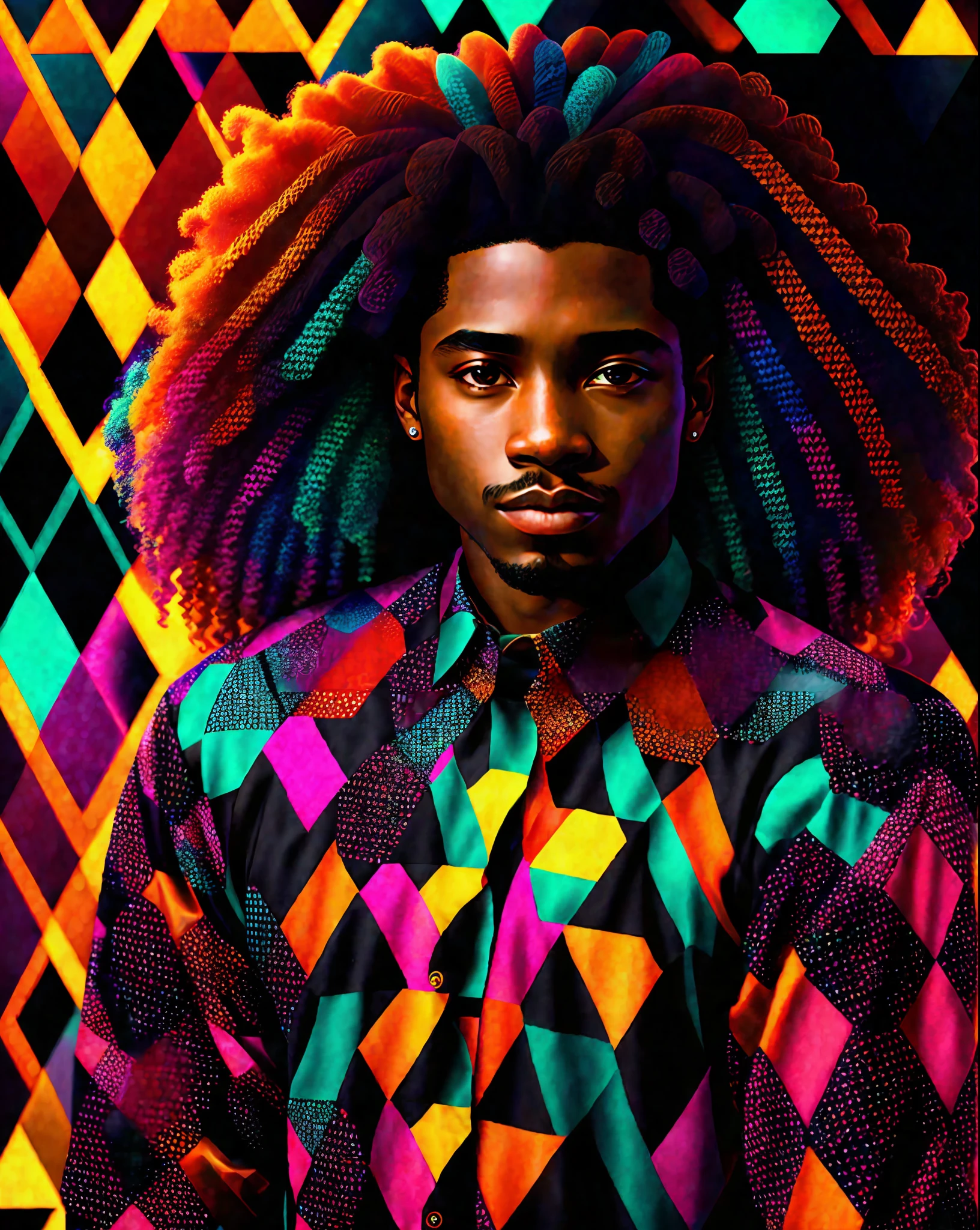 Portreit of a black man curly hair,beautiful and confident, rimlight, 8k geometric pattern on clothes, colorful background