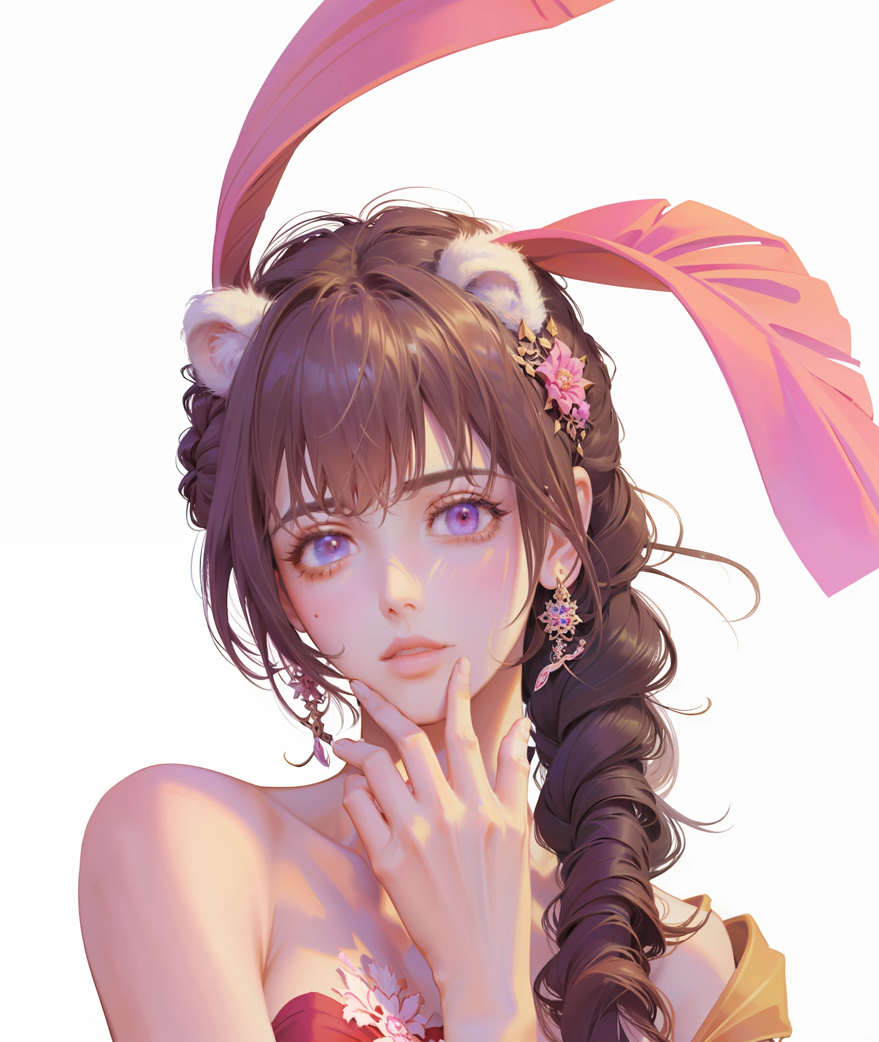 (Masterpiece, Top Quality, Best Quality, Official Art, Beauty and Aesthetics: 1.2), Very Detailed, Perfect Figure, Colorful, Most Detailed, Long Eyelashes, Pink Eyes, Rabbit Ear Hair Ornament, Twisted Braids, Bright Eyes, Dreamy, Natural Light