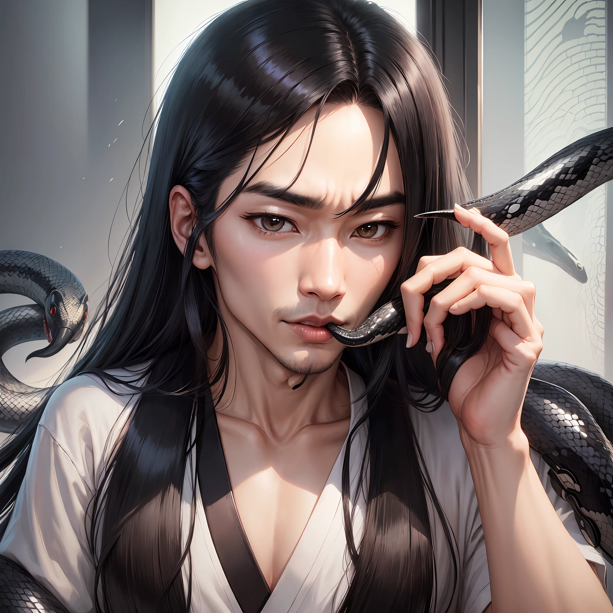 man, japanese, snake tongue, long black hair, white shirt, herness, snake --auto --s2