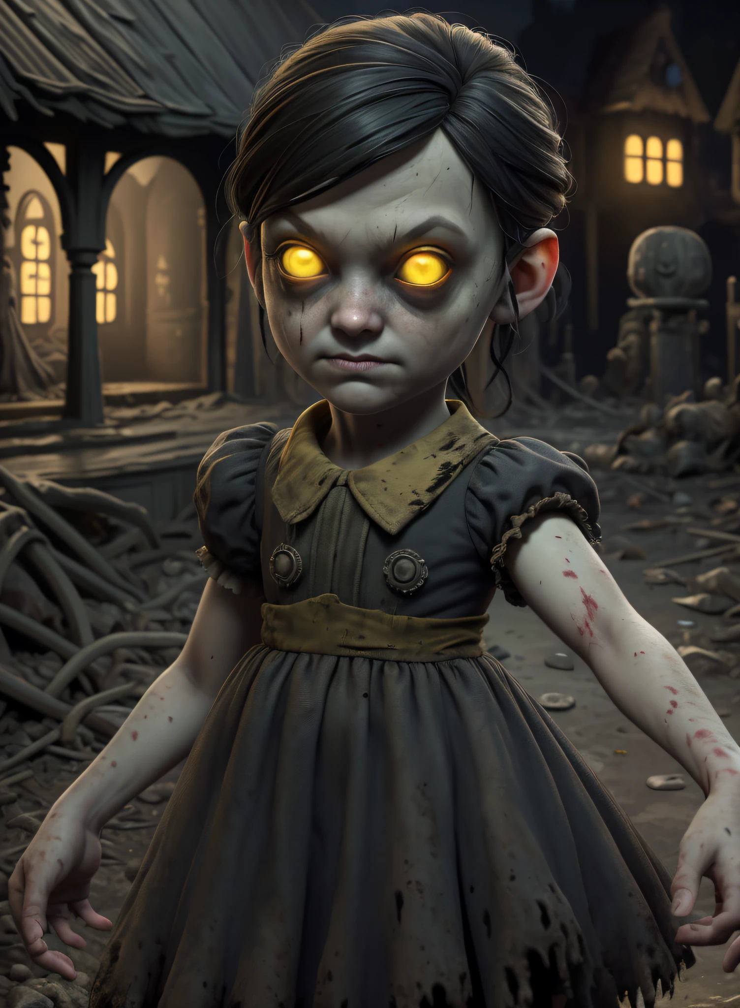masterpiece, highres, image, best quality, 8k, best quality, ultra-detailed,1girl, child, 6 years old, solo, 1girl, lilsis, dirty, blood, muddy dress, black hair, dress, horror \(theme\), solo, yellow eyes, dark, yellow sclera, glowing eyes, creepy, (haunted house:1.4)