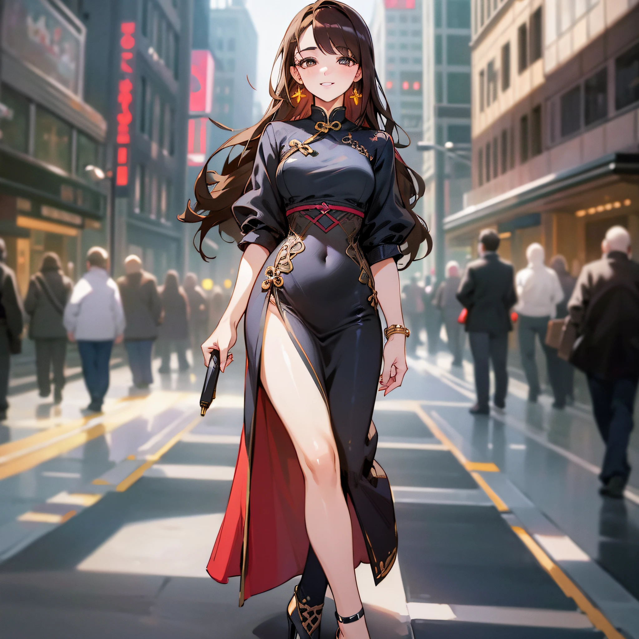 ((Best Quality, 8K, Masterpiece: 1.3)), 1 Girl, Smile, Slim Face, Beautiful Woman, (Dark Brown Hair), Tight Cheongsam :1.1,High Heels, Ultra-detailed Face,Ultra-detailed Hands, Detailed Eyes, Double Eyelids, Blurred Background, Slim Face, City, Outside, Street, Lens Zoom Out to See Full Body --auto --s2