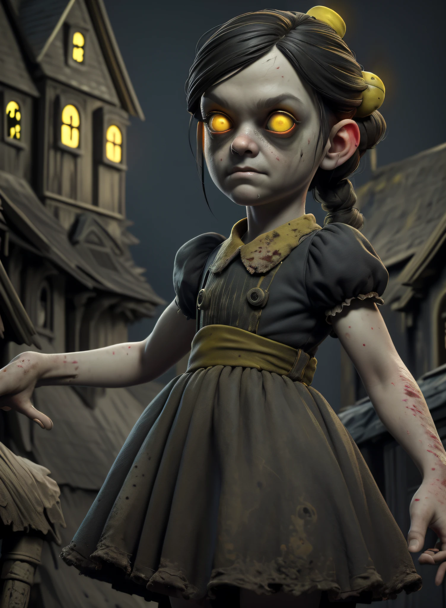 masterpiece, highres, image, best quality, 8k, best quality, ultra-detailed,1girl, child, , solo, 1girl, lilsis, dirty, blood, muddy dress, black hair, dress, horror \(theme\), solo, yellow eyes, dark, yellow sclera, glowing eyes, creepy, (haunted house:1.4)