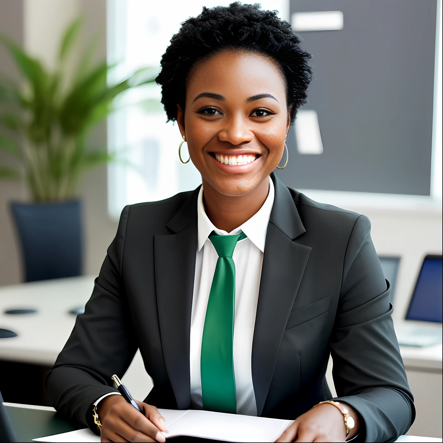 African american woman sitting in office, looking at laptop, smile on face, add detail:1, charcoal black suit, dark green tie, clean black office, face detail (1:1)