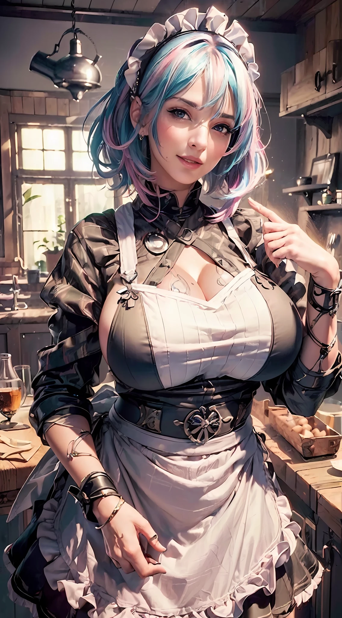 ((Best quality, 8k, Masterpiece :1.3)), (realistic, photorealistic:1.4)A pretty woman with perfect figure :1.4, (huge breasts, gigantic breasts:1.4), beautiful, (detailed), smile, (apron:1.4), vivid hair colors, colorful hair, slender, bob,