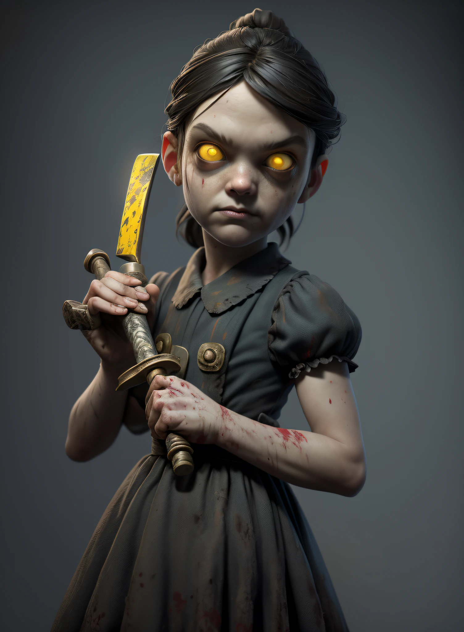 masterpiece, highres, image, best quality, 8k, best quality, ultra-detailed,1girl, child, 6 years old, solo, 1girl, lilsis, dirty, blood, muddy dress, black hair, dress, horror \(theme\), (holding a bloody knife), solo, yellow eyes, dark, yellow sclera, glowing eyes, creepy, (haunted house:1.4)