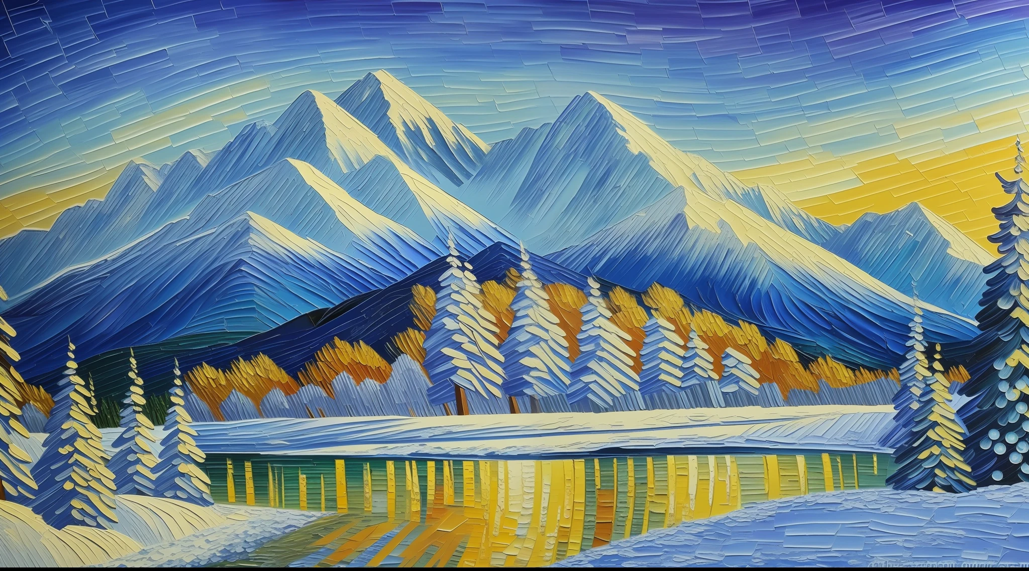 Winter, forest, majestic, snow-capped mountains, fine details, reproduction of Van Gogh style, oil painting, HD --auto --s2