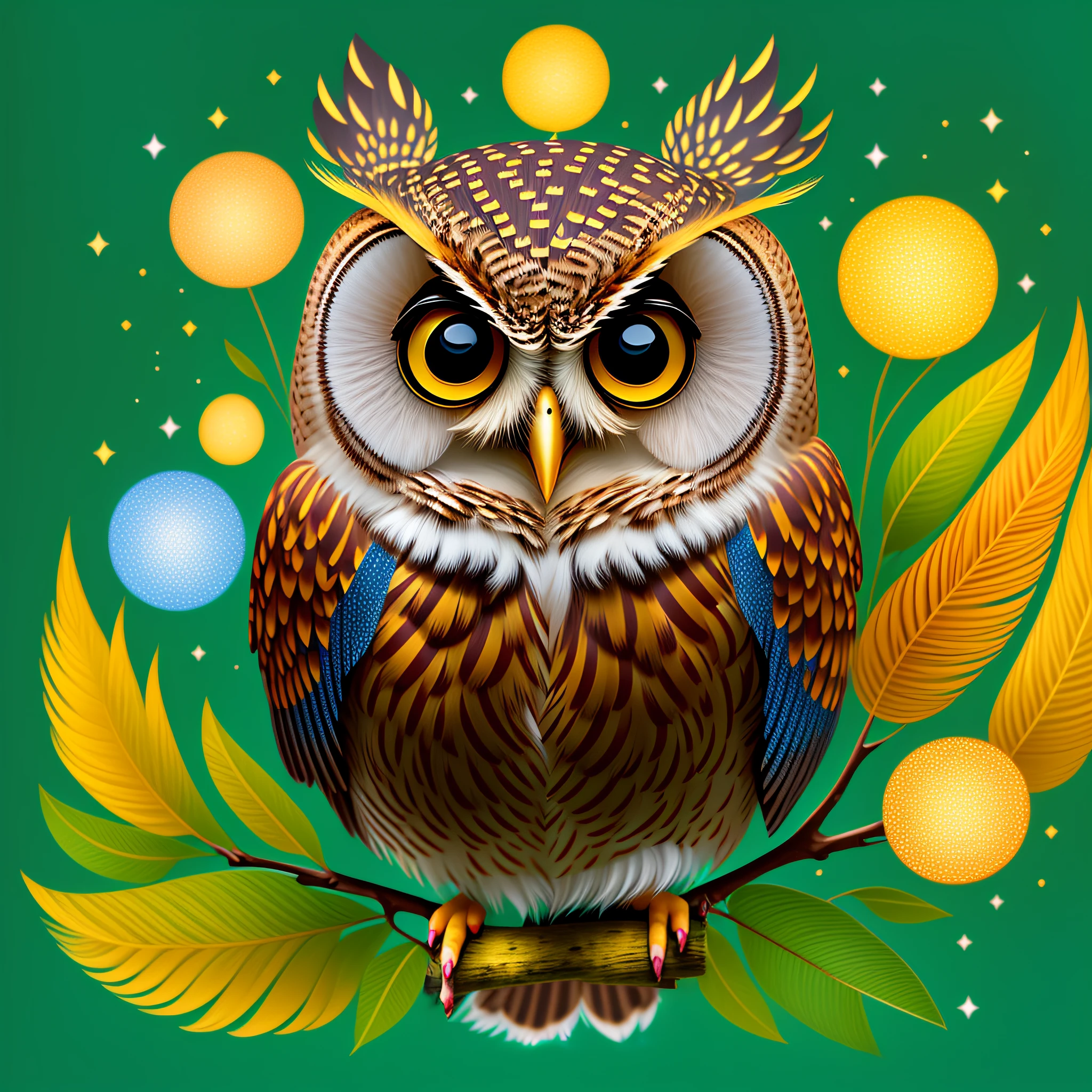 Cute funny owl on a yellow background with colorful blue and green feathers