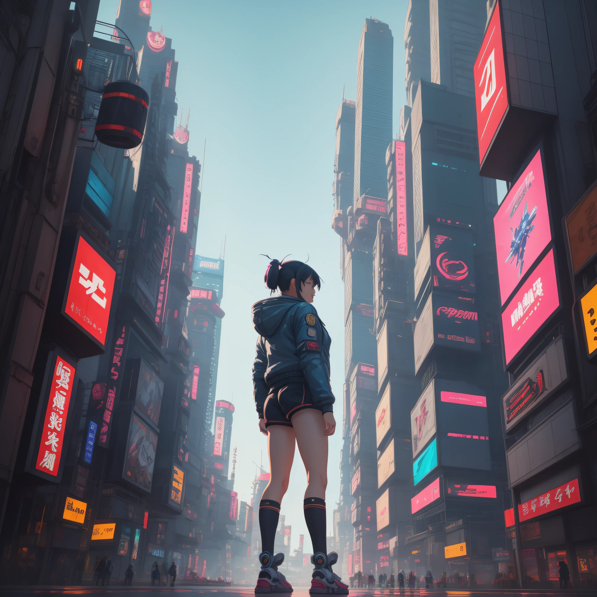 anime girl in short shorts and jacket standing next to giant robot, artwork in the style of guweiz, cyberpunk anime girl mech, trending on cgstation, guweiz, by Russell Dongjun Lu, digital cyberpunk anime art, ross tran 8 k, guweiz on artstation pixiv, girl in mecha cyber armor