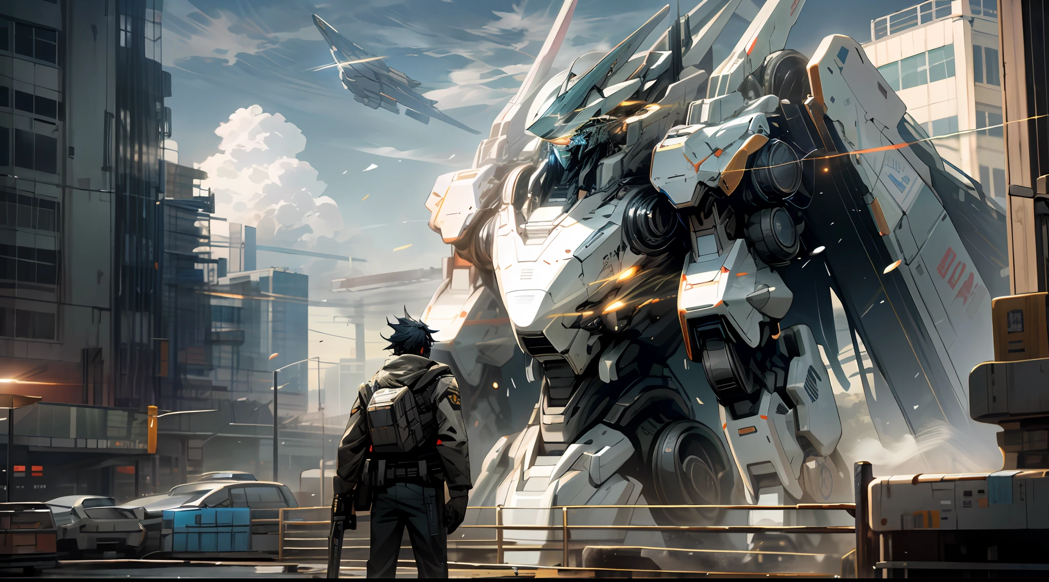 sky, cloud, holding_weapon, no_humans, glowing, , robot, building, glowing_eyes, mecha, science_fiction, city, realistic,mecha, spaceship in background
