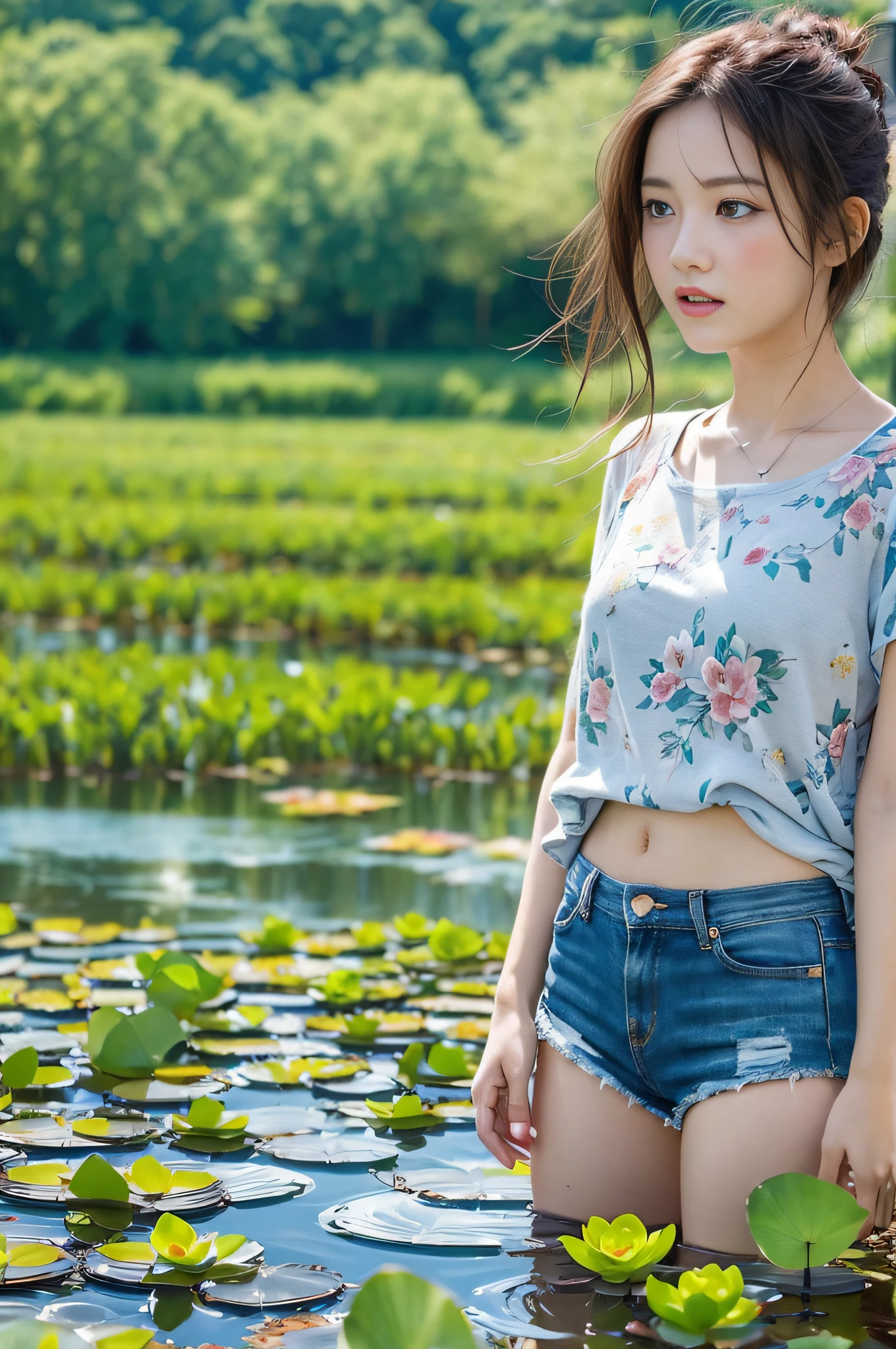Vast landscape photo, (from below, the sky above), a girl, characters account for 0.6, summer countryside, lotus pond, lotus flowers, cool clothes, skin sweat, (solo: 1.2)