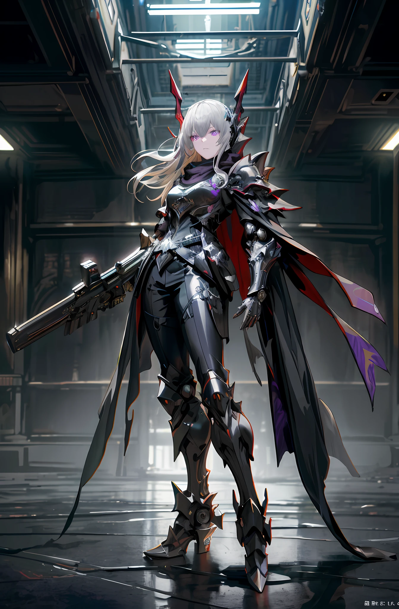 Dark_Fantasy, cyberpunk, (black purple: 1.1), 1 person, mechanical marvel, robot existence, cybernetics guardian, full body, armored dress, gray hair, long hair, mask, chinese style, shawl, black long dress, glowing eyes, purple eyes, expressionless, surrealism, drop shadow, stereogram, tachi-e, Chiaroscuro, 8k, super detail, ccurate, best quality, black dress, shawl, mechanical doll, black boots, standing in dark church, composition, proportions, foreground, medium scene, background, perspective, light, color, texture, detail, beauty, wonder. Quiet and eerie, high details, super detail, single, armored dress, dark fantacy, UHD, masterpiece, best quality, royal sister, stained glass, pretty detailed eyes, jellyfish, hand armor