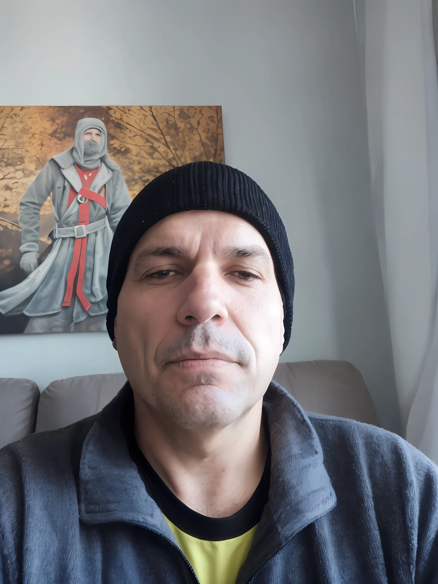 arafed man in a black hat and a gray jacket, twitch streamer / gamer ludwig, photo of a 50-year-old white man, with black beanie on head, 8k selfie photograph, selfie of a man, slight stubble, reddit, stubble on his face, shaven stubble, wearing beanie, cynical face, sweaty face