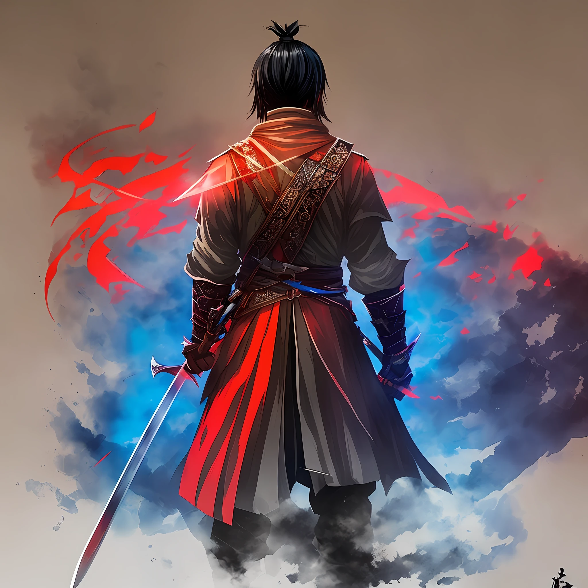 ((Quality: HD Quality)), (Style: Ink Style), (Theme: Lonely Swordsman), (Subject: Swordsman with Red and Blue Swordsman), (Auxiliary: Lakeside), (Element: Back), (Features: Sharp Silhouette, Dynamic Angle), (Others: ) --auto --s2