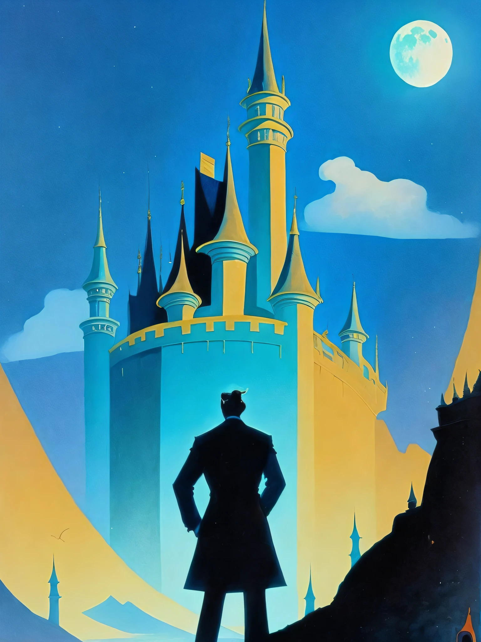 a painting of a man standing in front of a castle with a full moon in the background by Ralph Bakshi