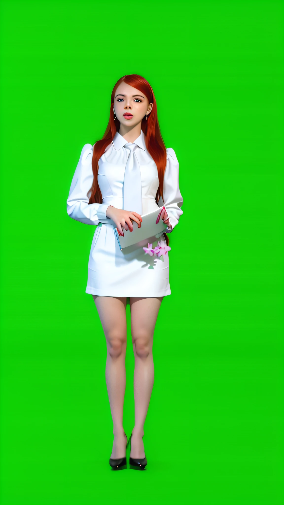 arafed woman in a white dress and tie holding a laptop, green screen background, dressed anya taylor - joy, background removed, nico wearing a white dress, green screen, solid background, belle delphine, young beautiful amouranth, live2d virtual youtuber model, background(solid), she has red hair, white puffy outfit, jia