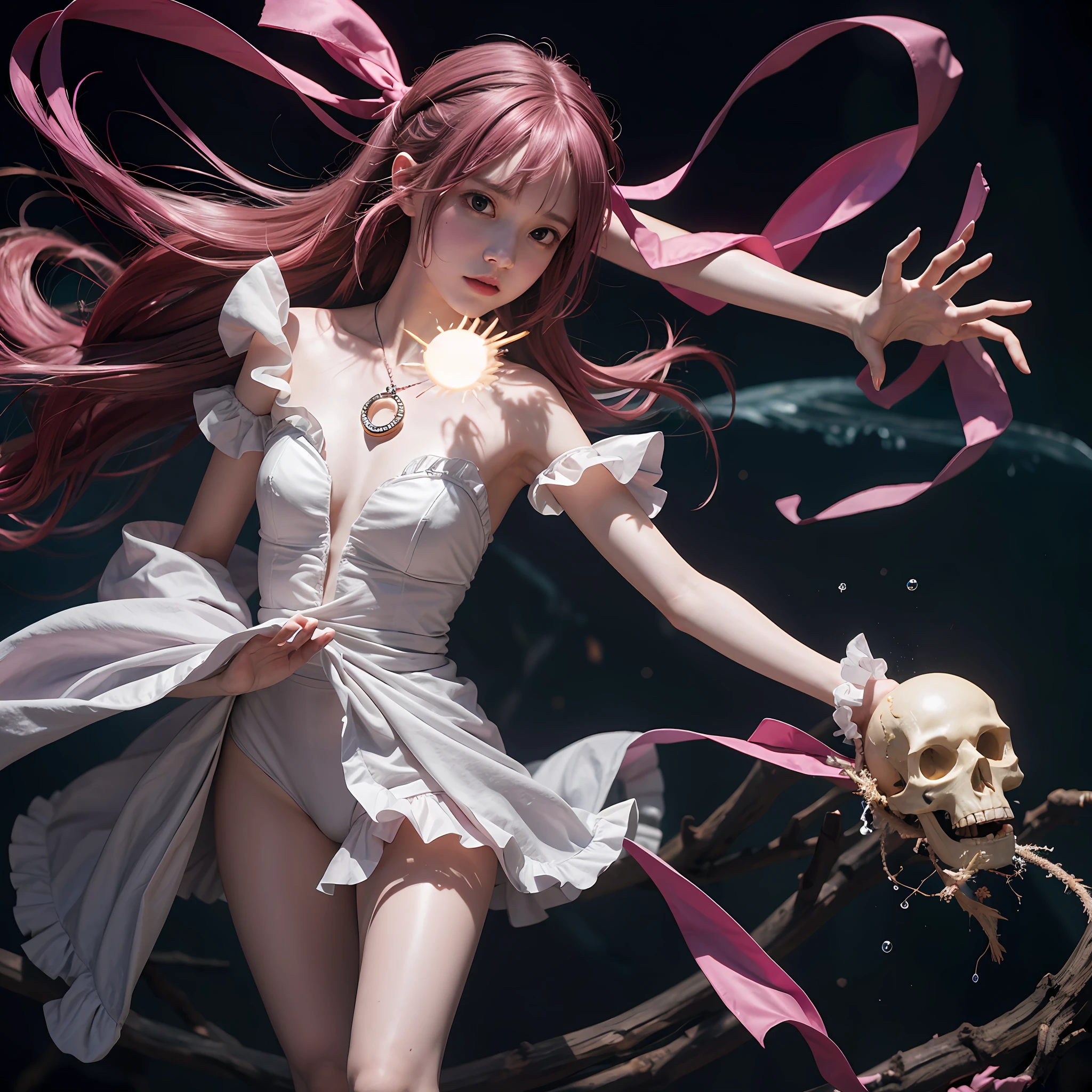 Puella Magi Madoka, Madoka holding a skull wrapped in light in both palms, floating in the air under a curse attack with mysterious, magical, magic