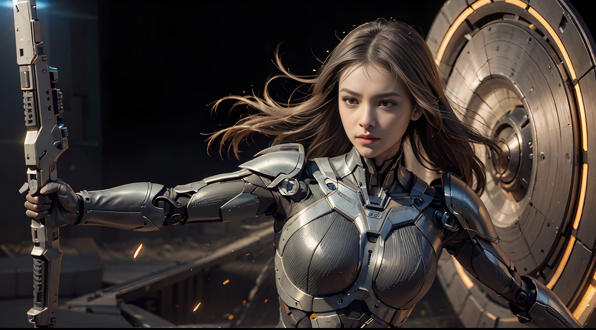 A girl, full body, [in outer space], futuristic sci-fi style, attack, guild battle, bullet ray, weapon in hand, cannonball, , close-up, mecha, armor, tights, beauty, realistic, elegant, perfect face, goddess,, dynamic pose, pose, surrealism, high detail, supremacy, cinematic lighting, ray tracing, shadow, UHD, retina, masterpiece, ccurate, anatomically correct, textured skin, super detail, high detail, high quality, award-winning, best quality, High resolution, 1080P, 16k, 8k, 4K, HD
