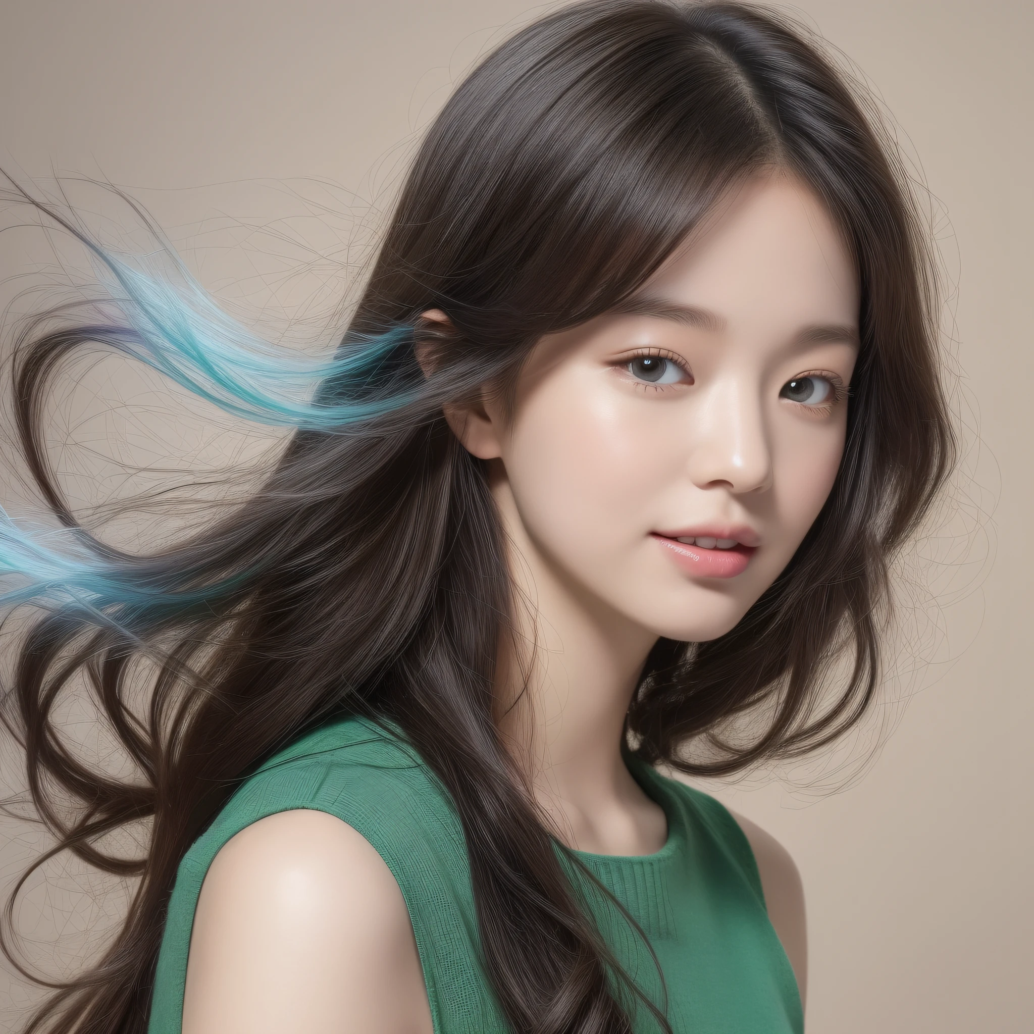 Solo girl portrait, nice perfect face with soft skin, small face with nose and rose-like lips, beautiful eyes, beautiful smile. Black thin long beautiful hair, yellow knit and denim pants, floating, bathed in a bright etheric glow, (lavender background), (best quality, 8k, game CG, photorealistic, wallpaper), (red | green | blue | black | white color), Raphael, USA: 0.5