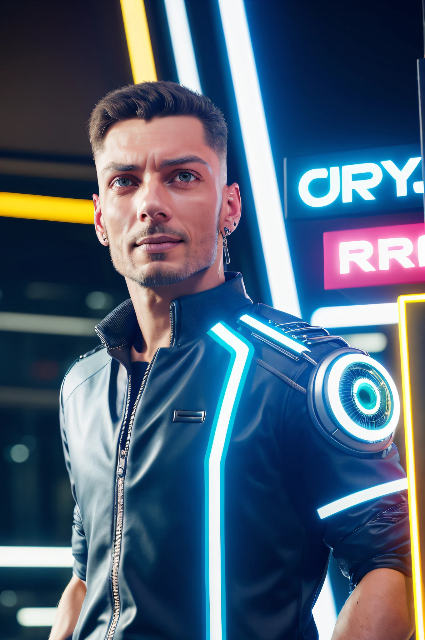 Hyper-realistic portrait of chrisbrigido, (cyberpunk man), ((male)), (bronze) skin, detailed (an impressive blue human eye and a bright cybernetic eye), robust, adaptable (half human face, half perfectly integrated cybernetic enhancements), (futuristic cityscape illuminated by neon reflecting in the cybernetic eye), with a detailed enigmatic face, full body (modern and functional cyberpunk costume), real, elegant, realistic, hyper realistic,  Highly Detailed, Depth of Field, Detailed and Intricate, Photo, HD, Cinematic, Dynamic Lighting, (bokeh), ((beautiful)), lens reflection, (divine rays: 1.1), (cinema effect), gradient color progression, cinematic film grain, (subsurface scattering) ,((detailed face and eyes)), (detailed iris:1.3)