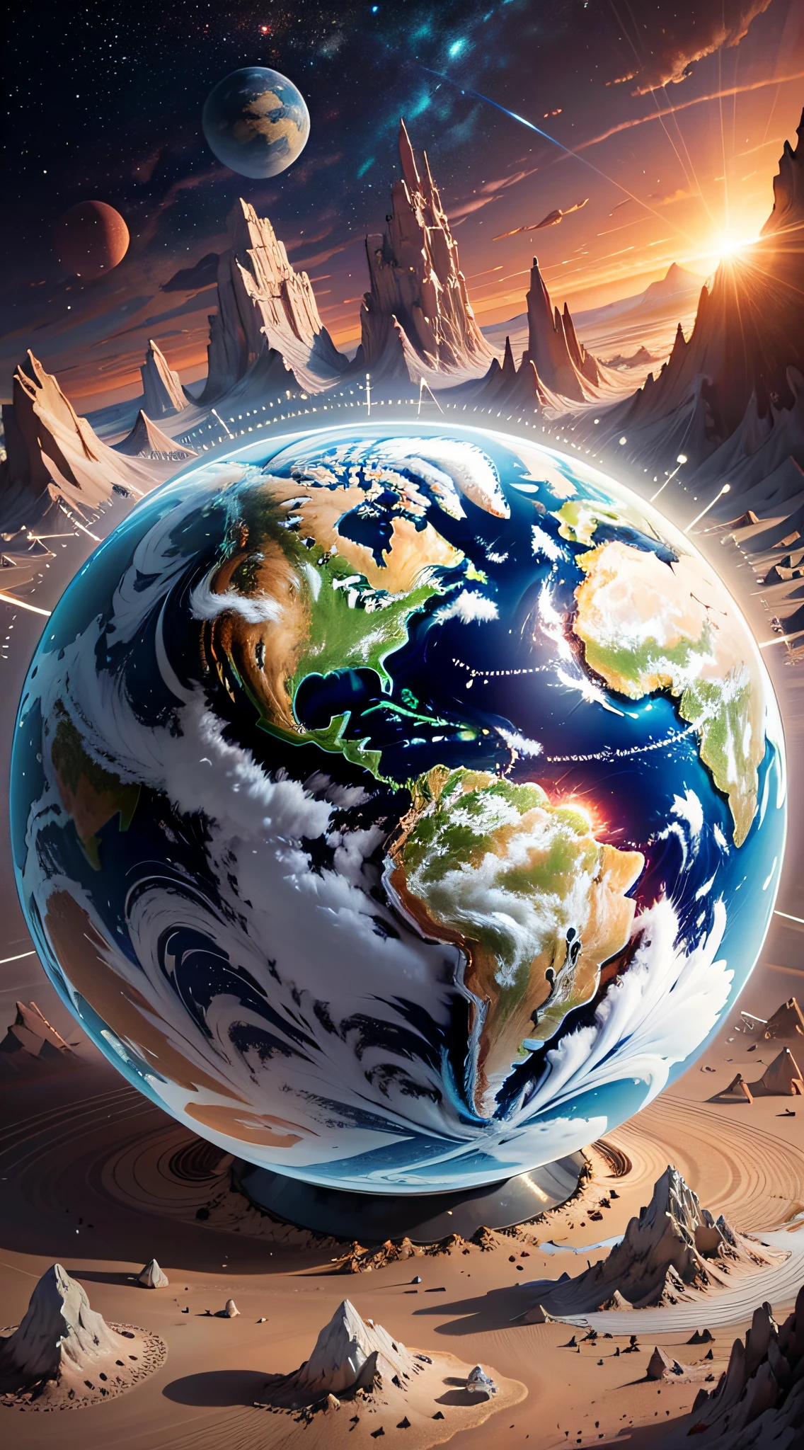 "Realistic illustration of the Earth by Dan Mumforddo in the solar system, high richness of detail, concept art, light reflections, intense light, composition for social media, Canon, masterpiece". --auto --s2