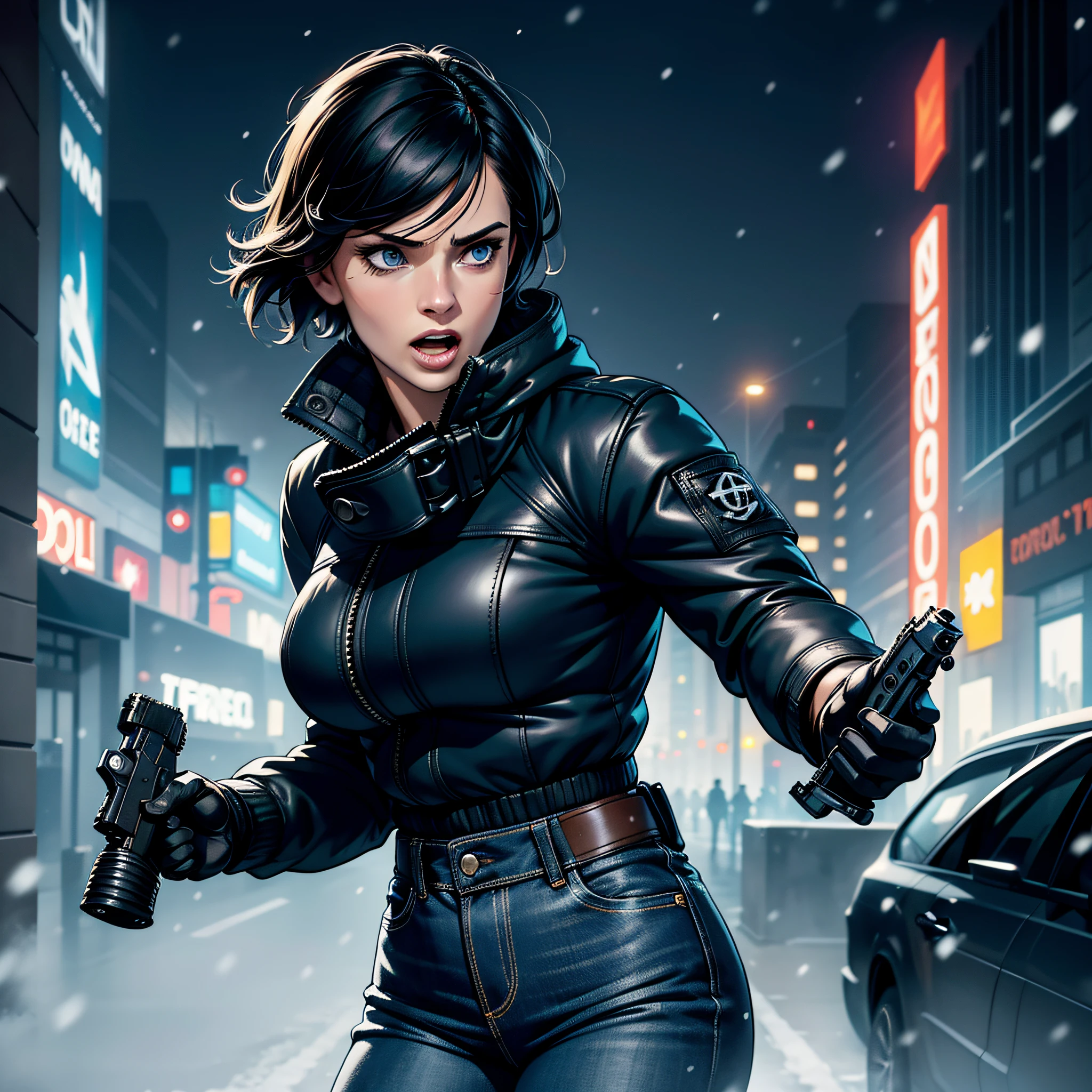 (((vector))), (Comics style), realistic, photorealistic, cinematic, cinematic lights, dark colors, volumetric lights, reflections, dramatic, ultra detailed, modern, ((masterpiece)), ((focus on face)), background embassado, faint colors, beautiful, sexy woman, solo, blue eyes, short hair, black hair chanel, hair in the wind, light age marks, slim body fitness, detailed, well done, (((open mouth))) winter jacket, jeans,  sad, nobody, sad, dark city, snowing, city with snow, few lights, fog, cold, tense, cold gloves, looking at screen, sexy, beautiful, snow on body, puddles of water, blurred background, looking at screen, (((holding a pistol))), ((((detailed pistol))), (((holding in right hand))),