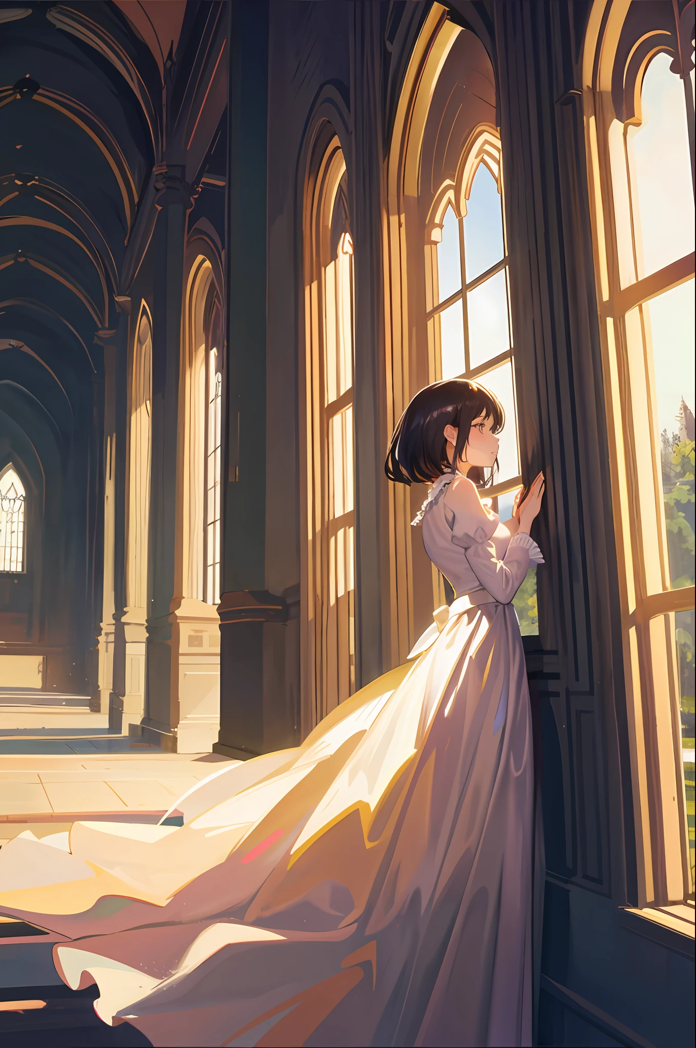 1 girl standing by the castle window, looking into the distance, exquisite