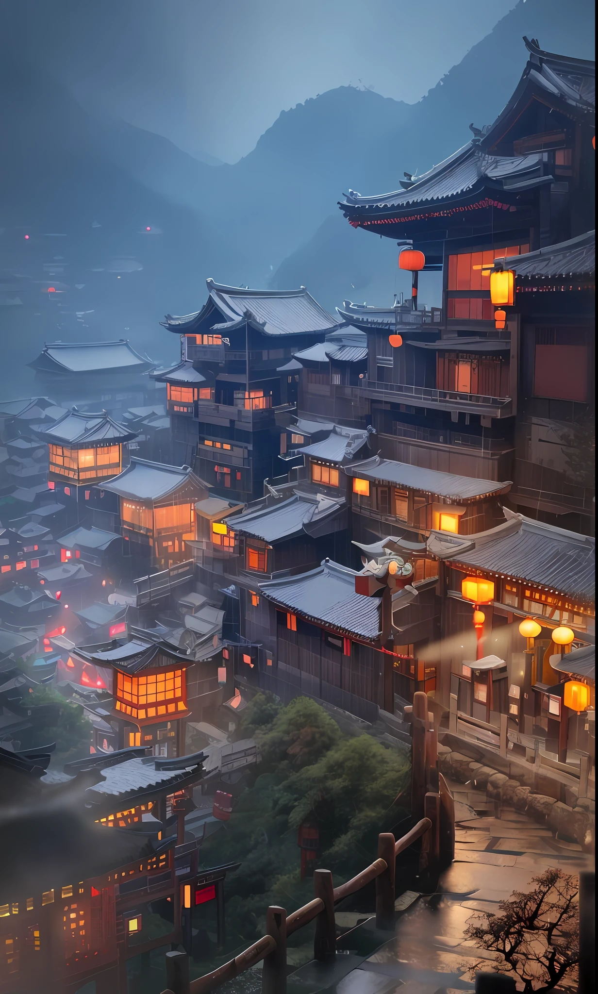 Wild view of village with lots of lights on buildings, dreamy Chinese town, Chinese village, amazing wallpaper, Japan town, Japan village, ultra-realistic town pictures, old Asian village, Japan city, by Raymond Han, rainy night, cyberpunk Chinese old city, beautifully lit buildings, evening in the rain, beautifully aesthetic, photographic, cinematic, 8K, high detail ((Heavy Rain))), Waterfall