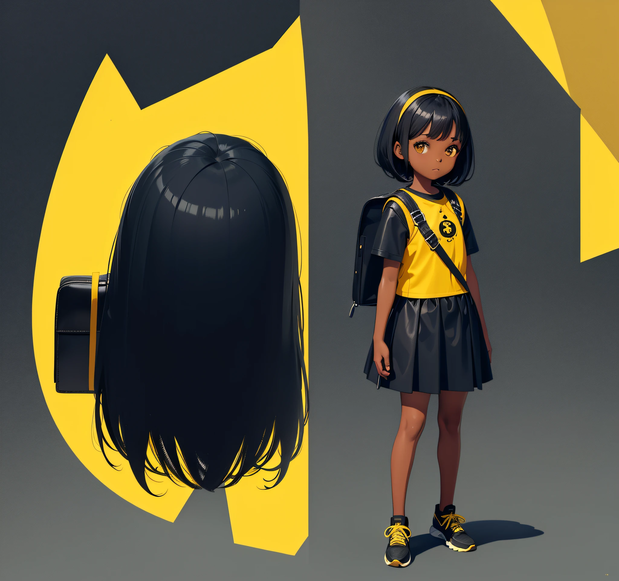 Little Black Girl Character, Back, 9 yo, Children's Book Illustration Style, Simple, Cute Full Color, Yellow Shirt, Black Bermud, Black Leather Shoes, Flat Color, Explorer Backpack, Full Body, Art Illustration, Character Sheet, Ultra Defined, Ultra Detailed, 8k, Long Straight Hair, --No Outline