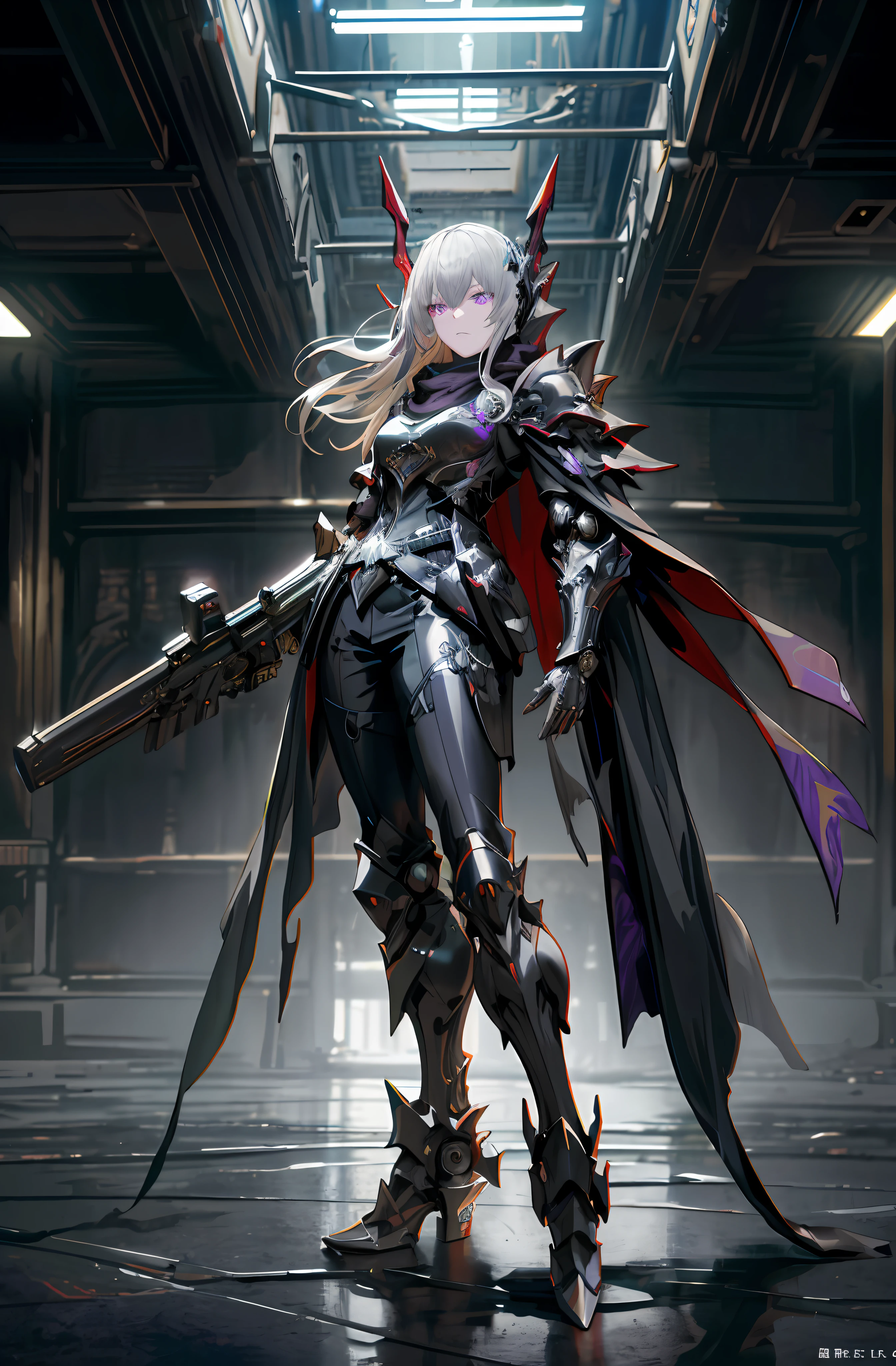 Dark_Fantasy, cyberpunk, (black purple: 1.1), 1 person, mechanical marvel, robot existence, cybernetics guardian, full body, armored dress, gray hair, long hair, mask, chinese style, shawl, black long dress, glowing eyes, purple eyes, expressionless, surrealism, drop shadow, stereogram, tachi-e, Chiaroscuro, 8k, super detail, ccurate, best quality, black dress, shawl, mechanical doll, black boots, standing in dark church, composition, proportions, foreground, medium scene, background, perspective, light, color, texture, detail, beauty, wonder. Quiet and eerie, high details, super detail, single, armored dress, dark fantacy, UHD, masterpiece, best quality, royal sister, stained glass, pretty detailed eyes, jellyfish, hand armor