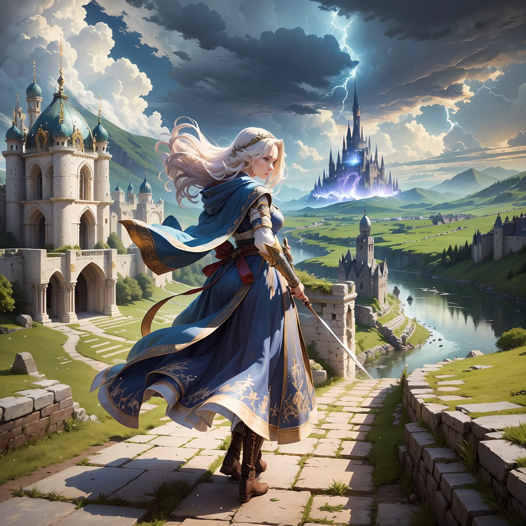 Step 1 - Scene: This is a magical scene with multiple characters in it. The scene features magnificent epic cinematic style buildings and landscapes, including towers, city walls, bridges, meadows, and lakes. There are mysterious clouds and lightning in the sky, as well as the flow and flickering of magical energy.
Step 2 - Labels (relational, noun, verb):
Characters: Many people, male, female, elderly, young
Clothing: magical decorations, ancient costumes, armor, robes, cloaks, boots
Architecture: walls, towers, bridges, palaces, shrines, meadows, lakes
Sky: Clouds, lightning, magical energy
Items: magic staffs, swords, bows and arrows, shields, magic crystals, books
Actions: casting, fighting, running, jumping, flying, resting, talking, thinking, observing
Step 3 - tag:
Characters: Multiple characters, male, female, elderly, young
Clothing: magical decoration, ancient attire, armor, --auto --s2