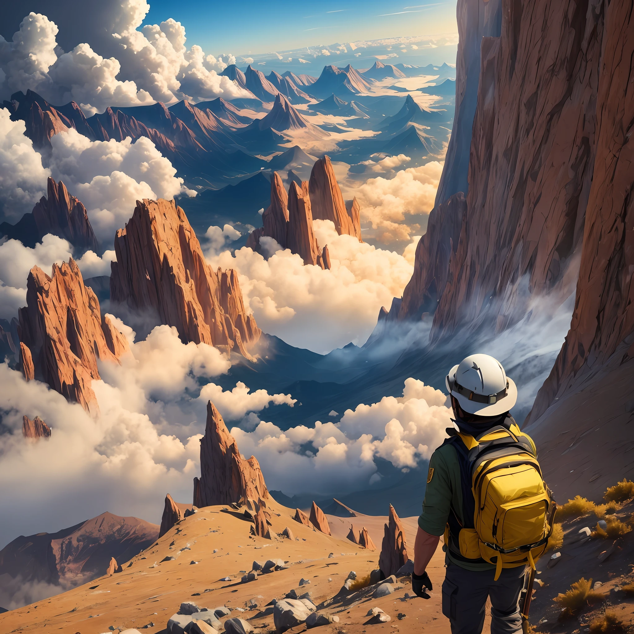 Create a scenario divided into four parts, the right the sky, the left the hell, on top golden clouds, and below a backcountry --auto --s2