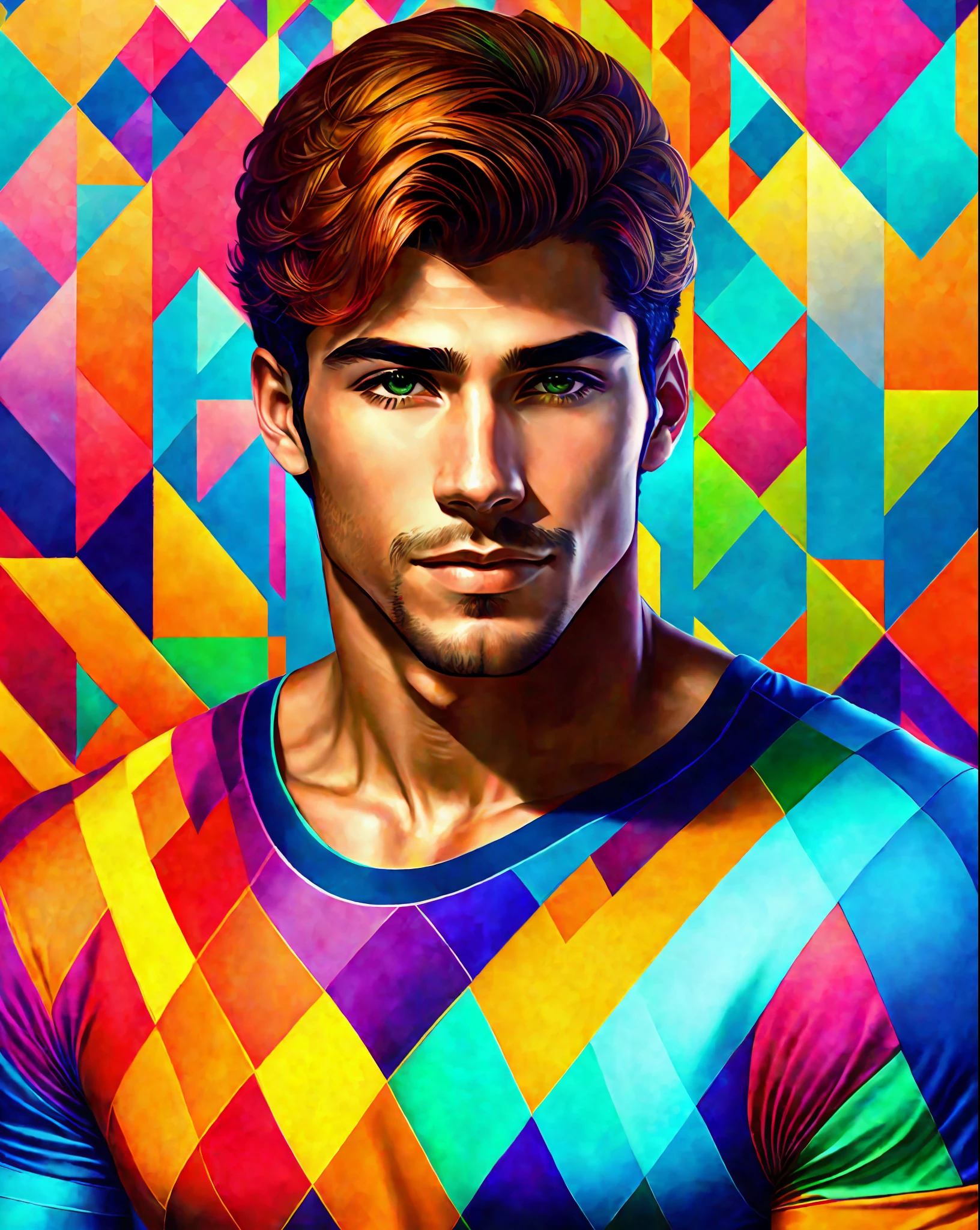 Portreit of a man Moreno Brazilian handsome and confident, athletic rimlight, geometric pattern on clothes, colorful background