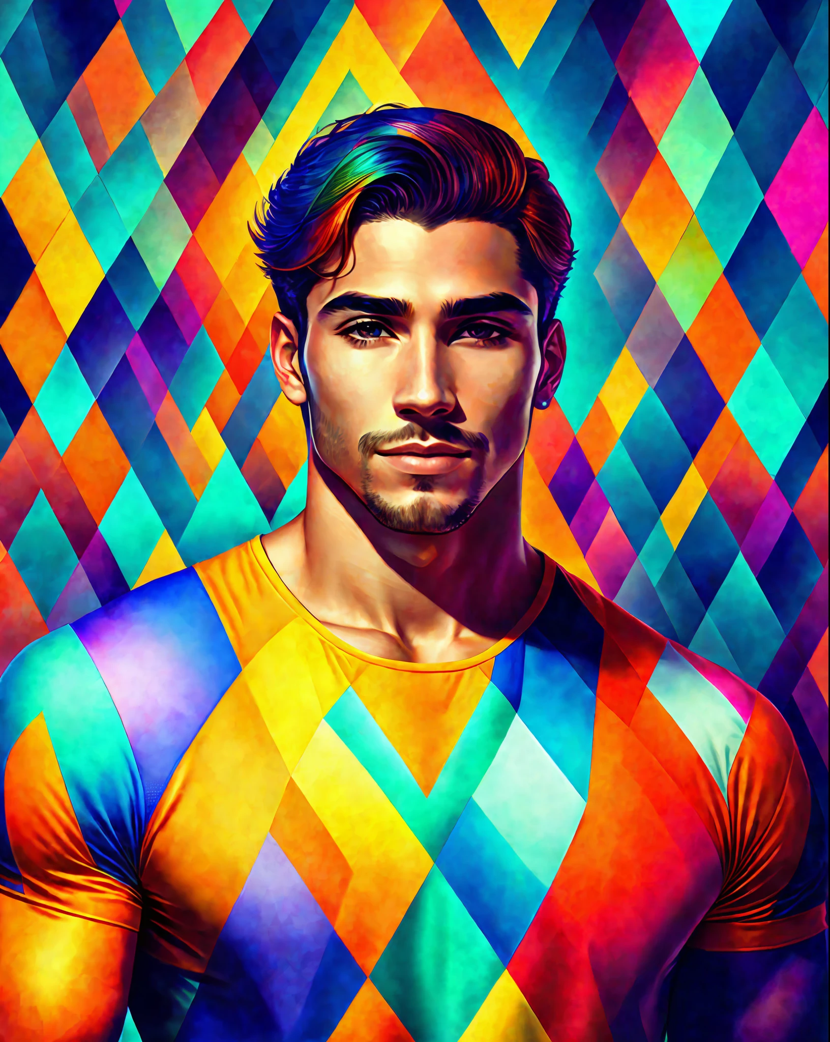 Portreit of a man Moreno Brazilian handsome and confident, athletic rimlight, geometric pattern on clothes, colorful background