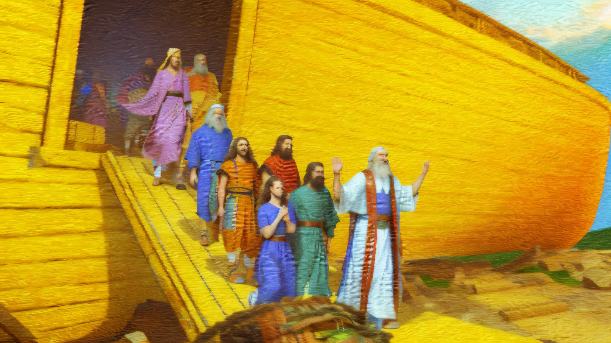 Photo Raw, (realistic), (masterpiece), (best quality), 4 men and 4 women descends the ramp of Noah's ark, [(high details)], (face high details), (skin high details), [(hands high details)], epic biblical representation, 8k, UHD, cinematic lighting, --s2