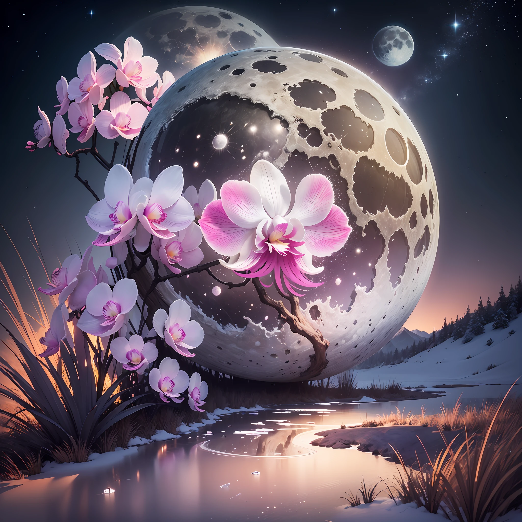 Computer Visualized Graphics, Realistic Fantasy, Extensive Landscape Ultrasound Photography (general view showing white and pink orchid, dew, ice,), full moon, night sky, blurred background, warm, yellow, purple background, pink, warm, magic