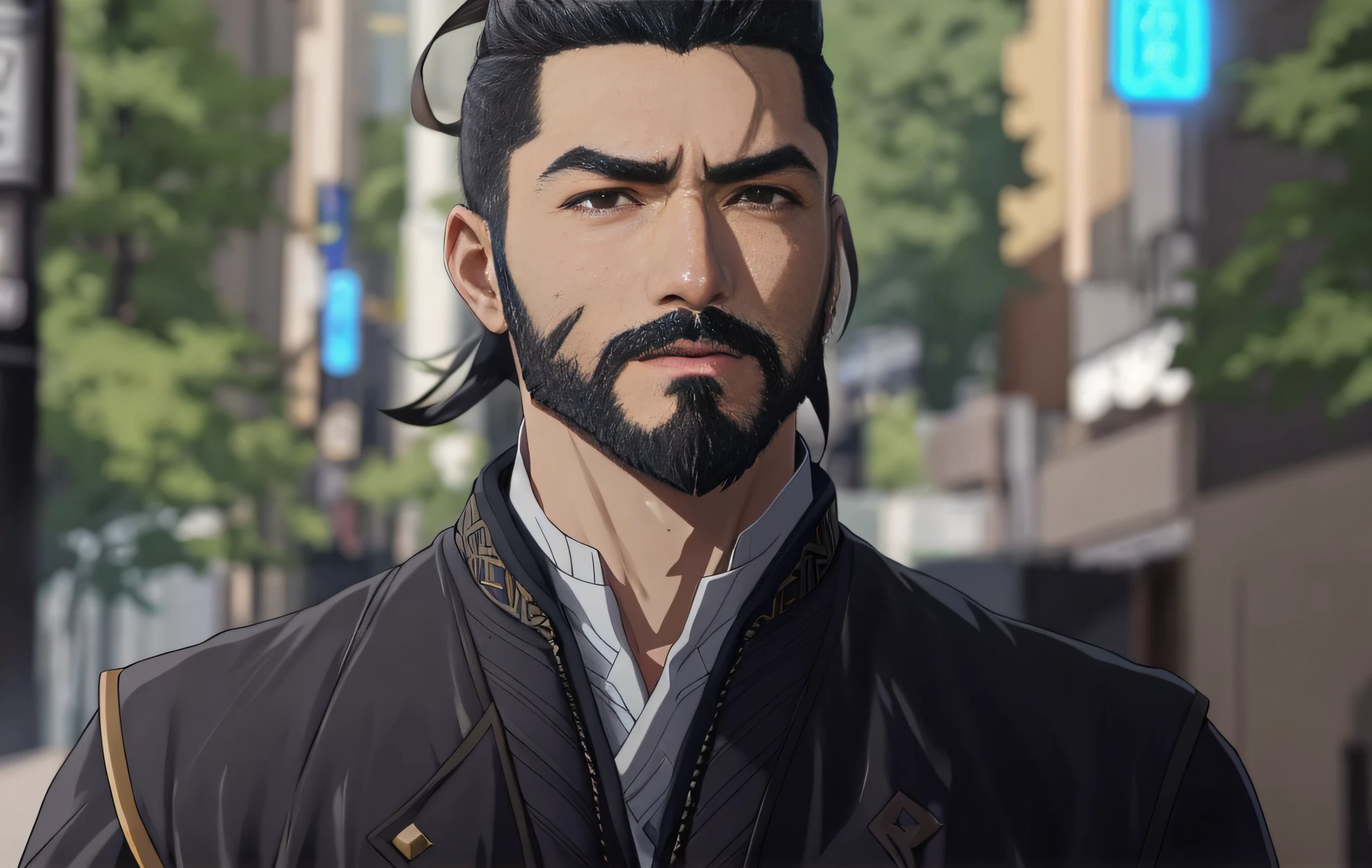 there is a man with a beard and a beard in a black jacket, hanzo from overwatch, makoto shinkai ( apex legends ), inspired by Fujishima Takeji, kentaro miura art style, hijikata toushirou, hideaki anno anime, kentaro miura art, handsome guy in demon slayer art, katsushika, masamune shiro